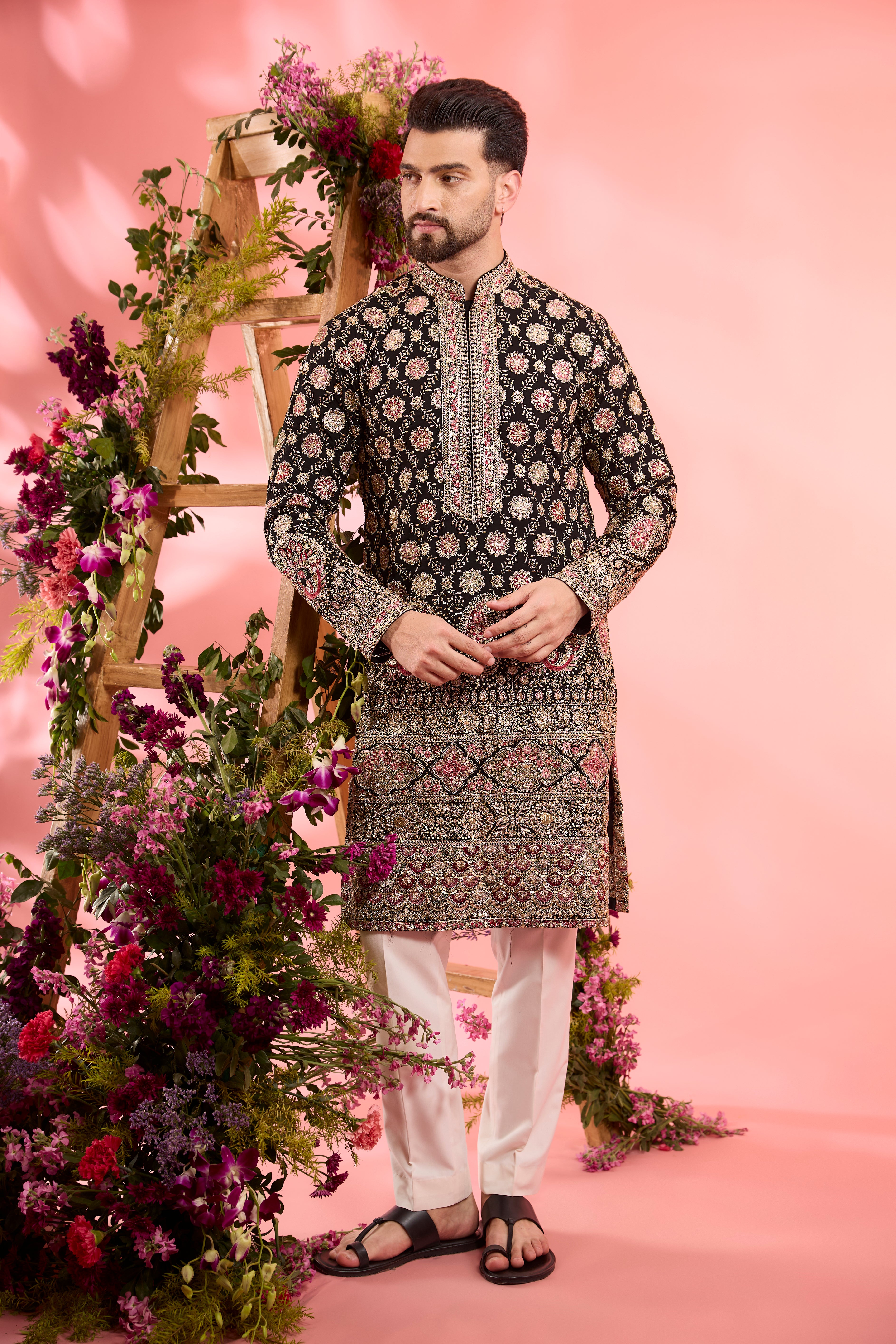 Black zari kurta with intricate neck line - flora -fauna & paisley embroidery