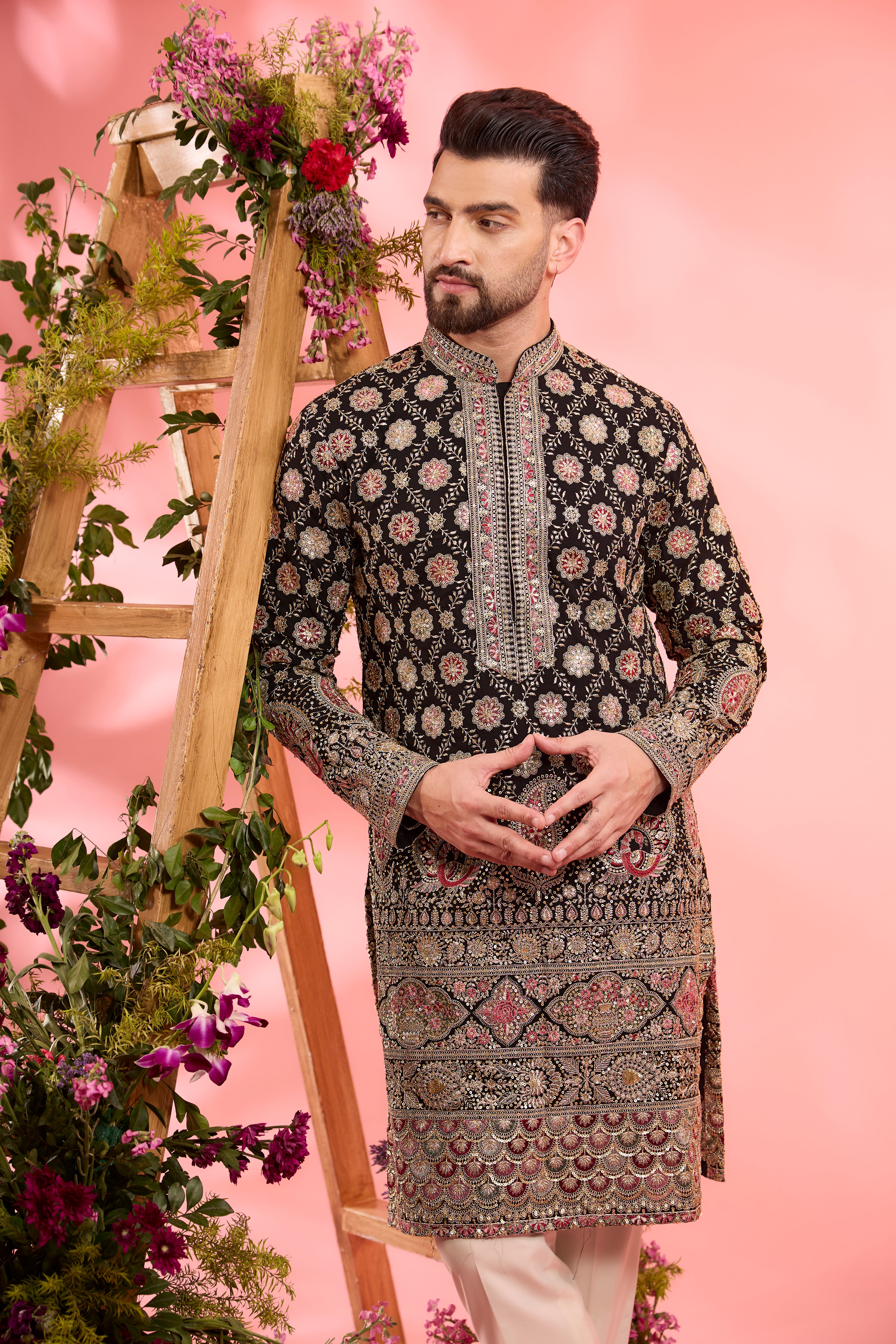 Black zari kurta with intricate neck line - flora -fauna & paisley embroidery