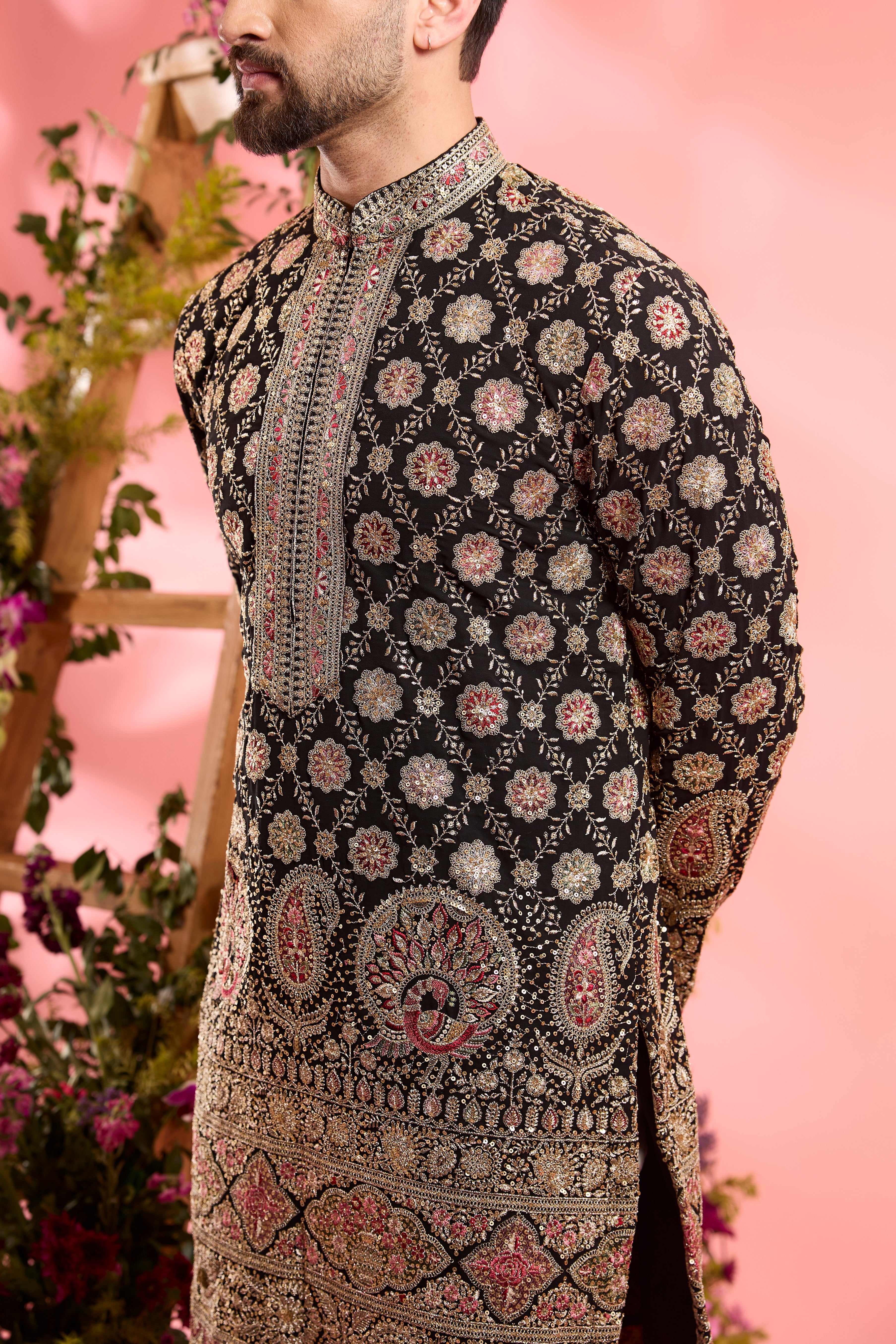 Black zari kurta with intricate neck line - flora -fauna & paisley embroidery