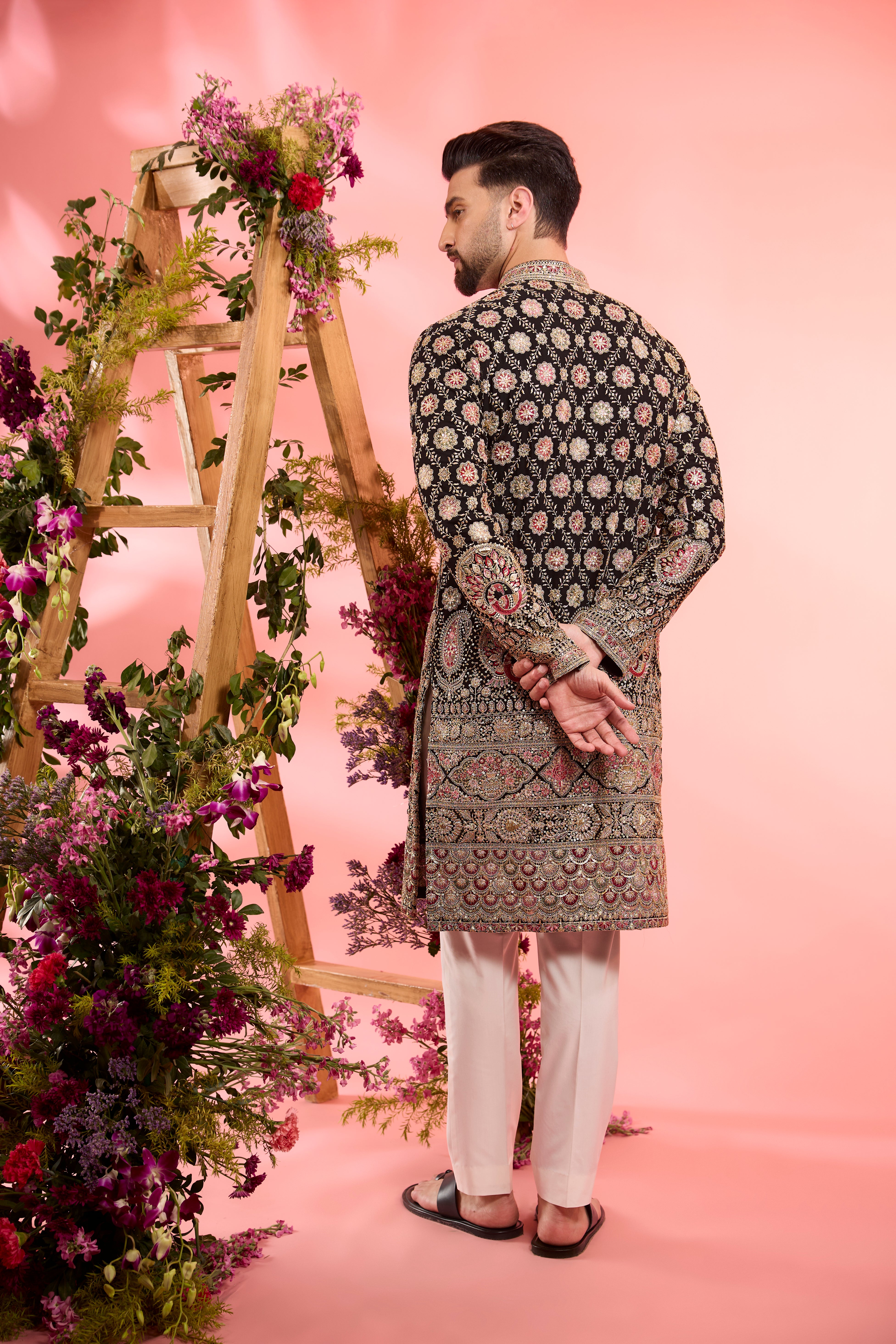 Black zari kurta with intricate neck line - flora -fauna & paisley embroidery