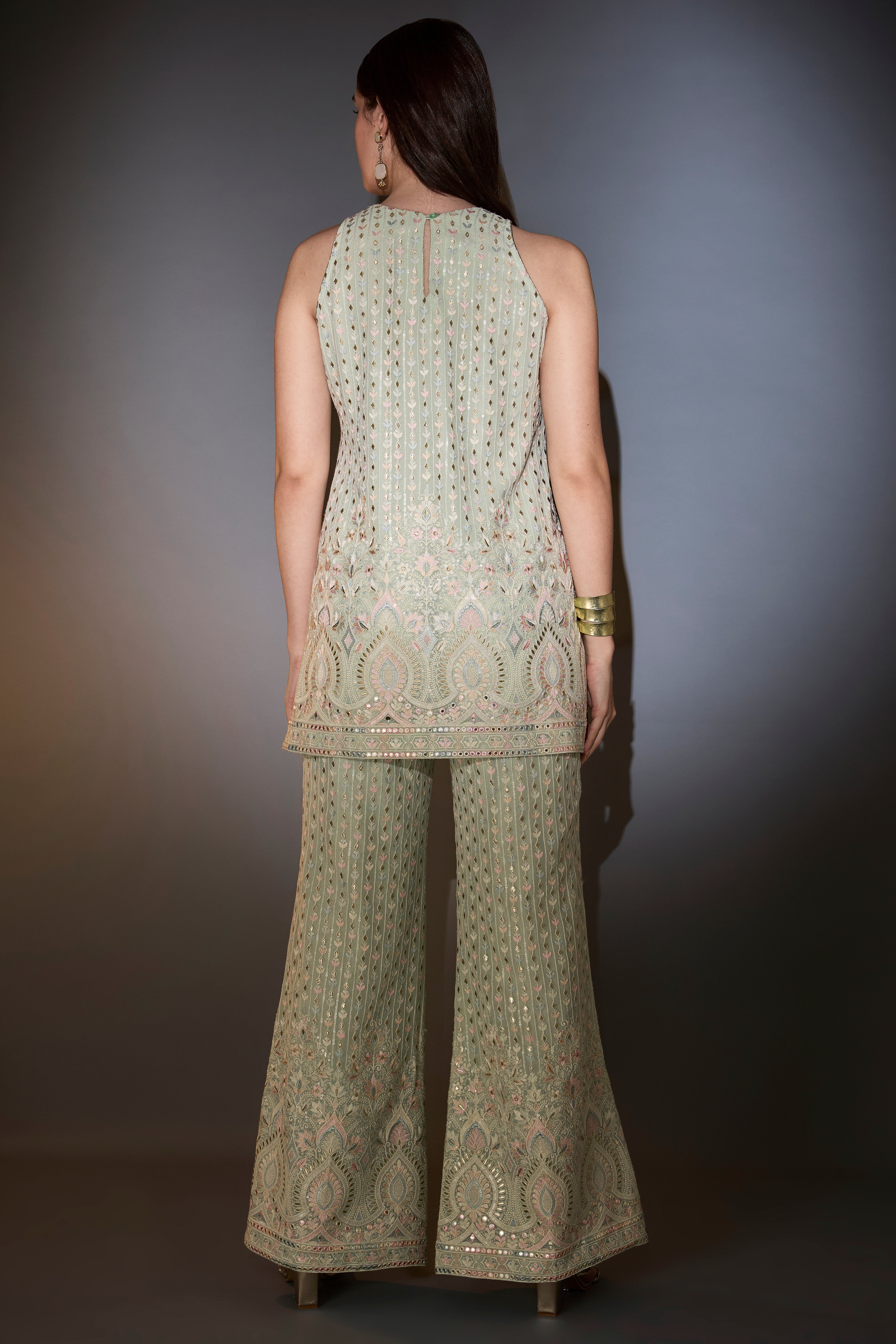 Sea-green co-ord set with mult-threadwork.