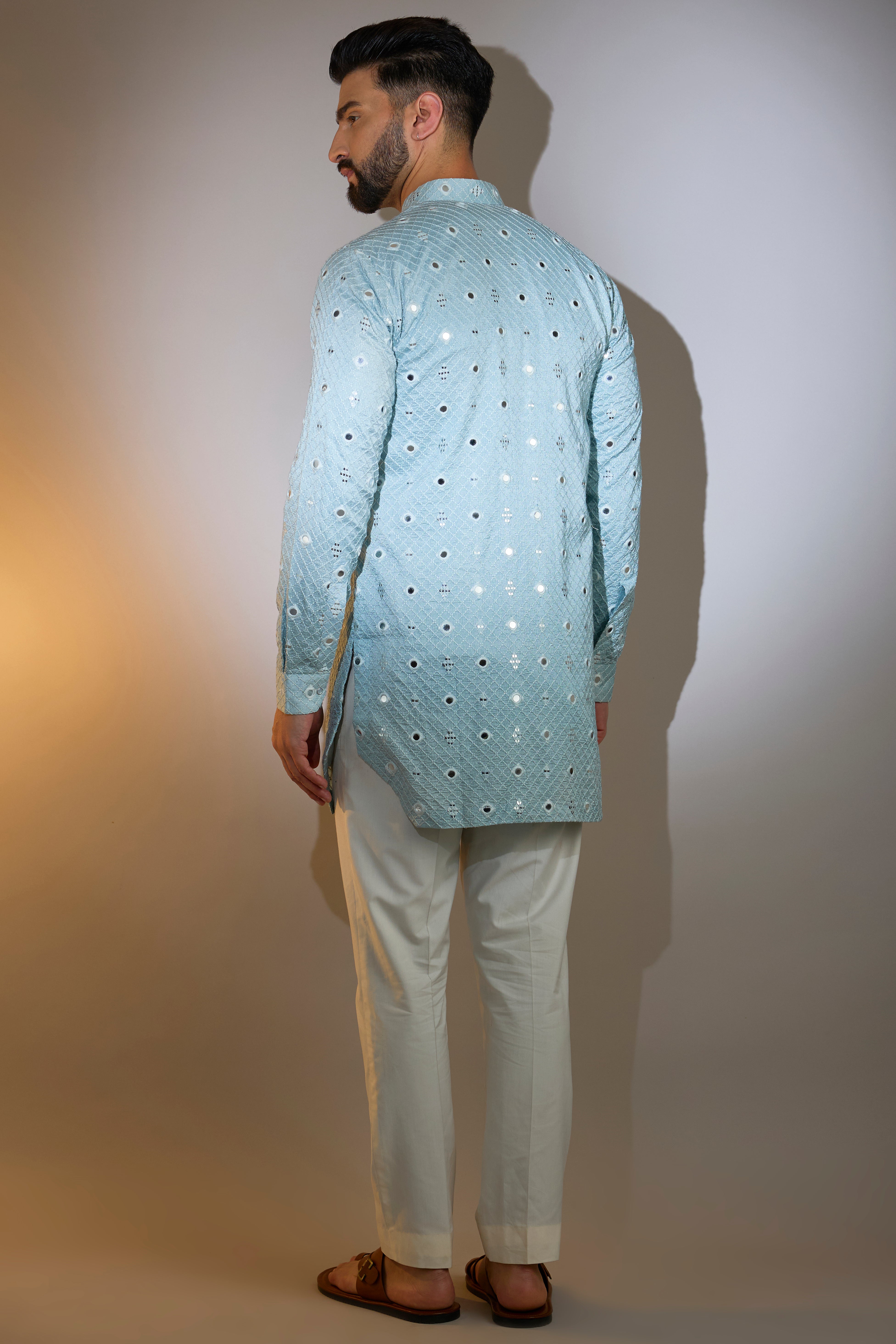 powder blue short mirror work kurta