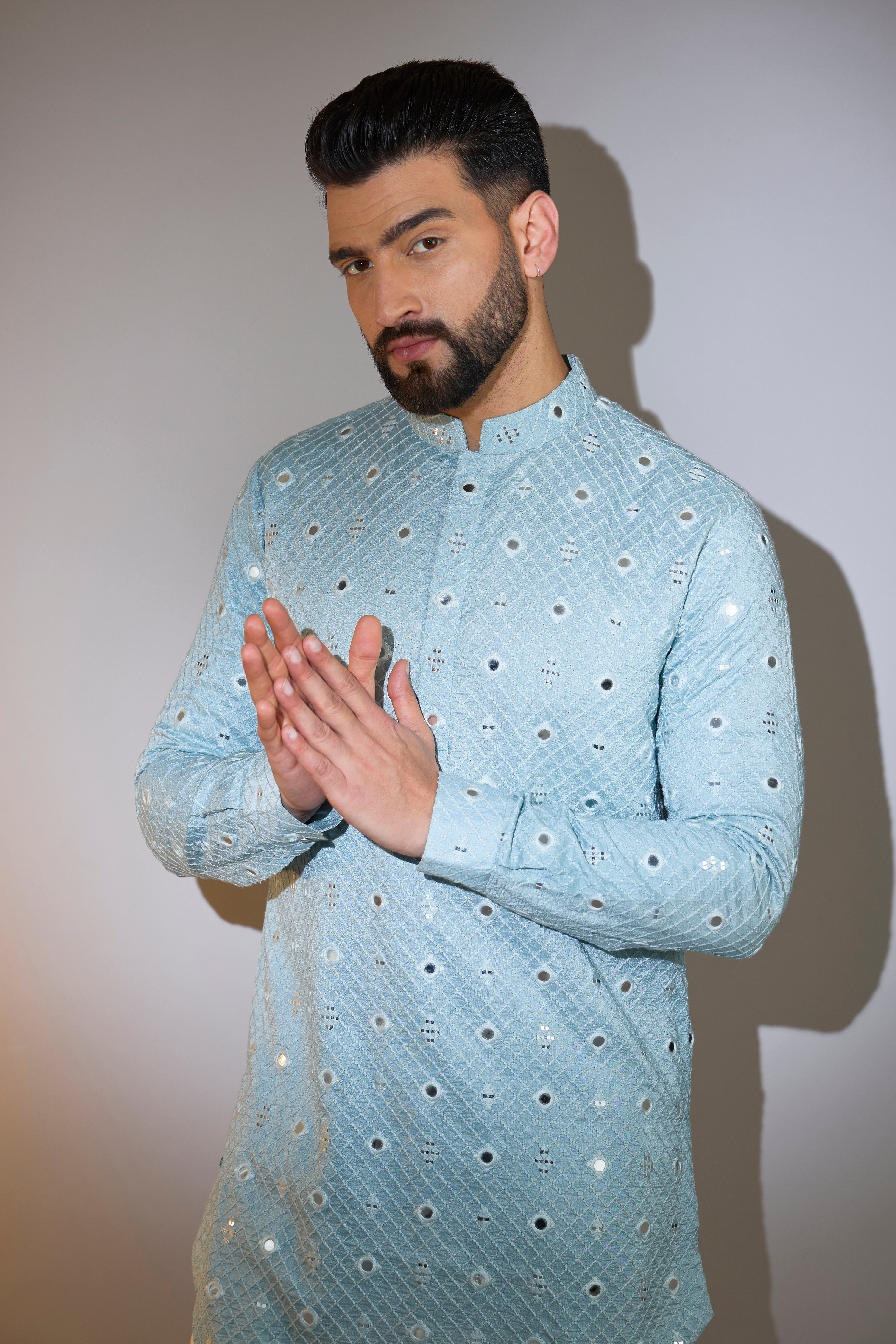 powder blue short mirror work kurta