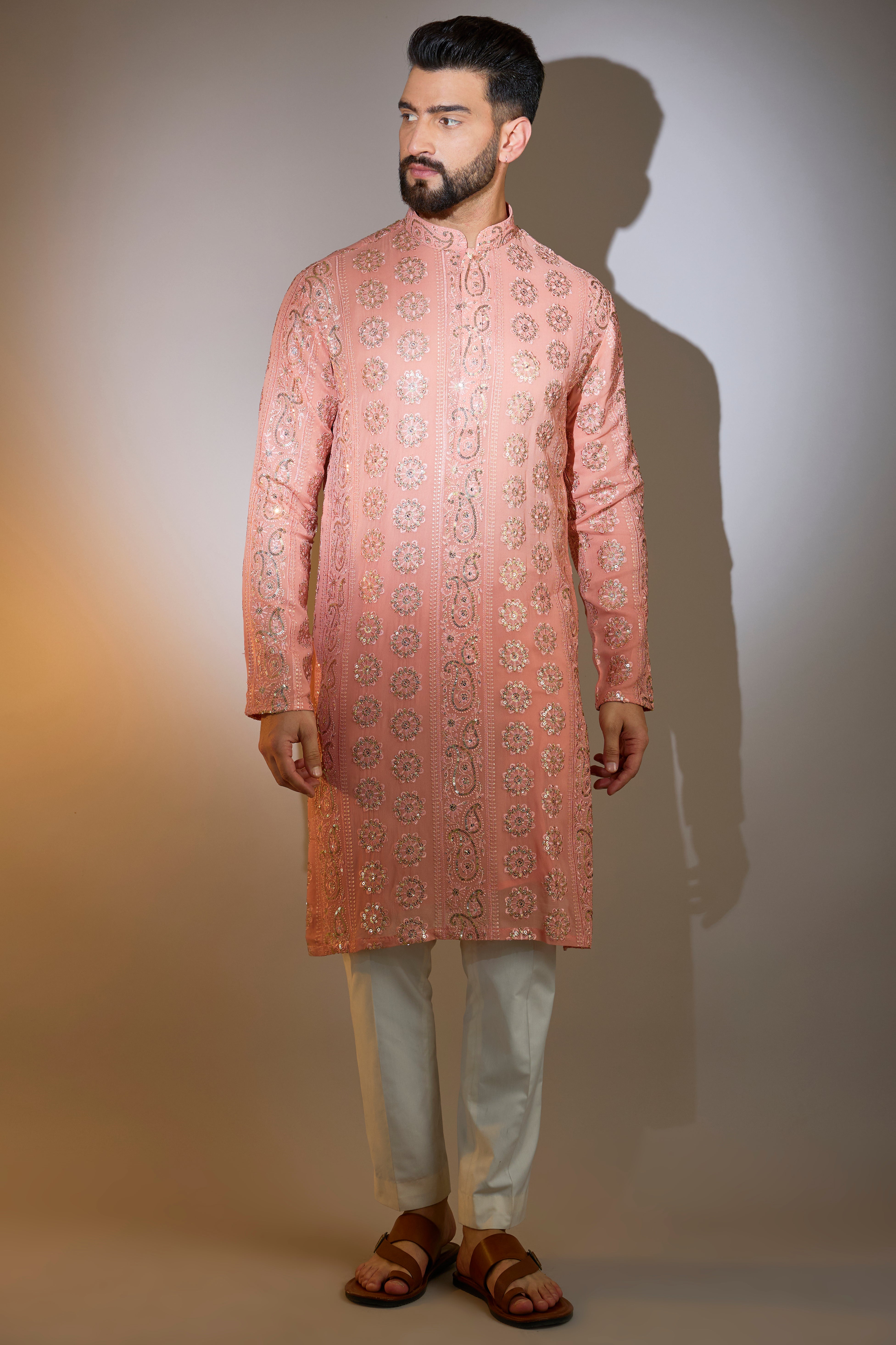 peach chikankari kurta with sequin work