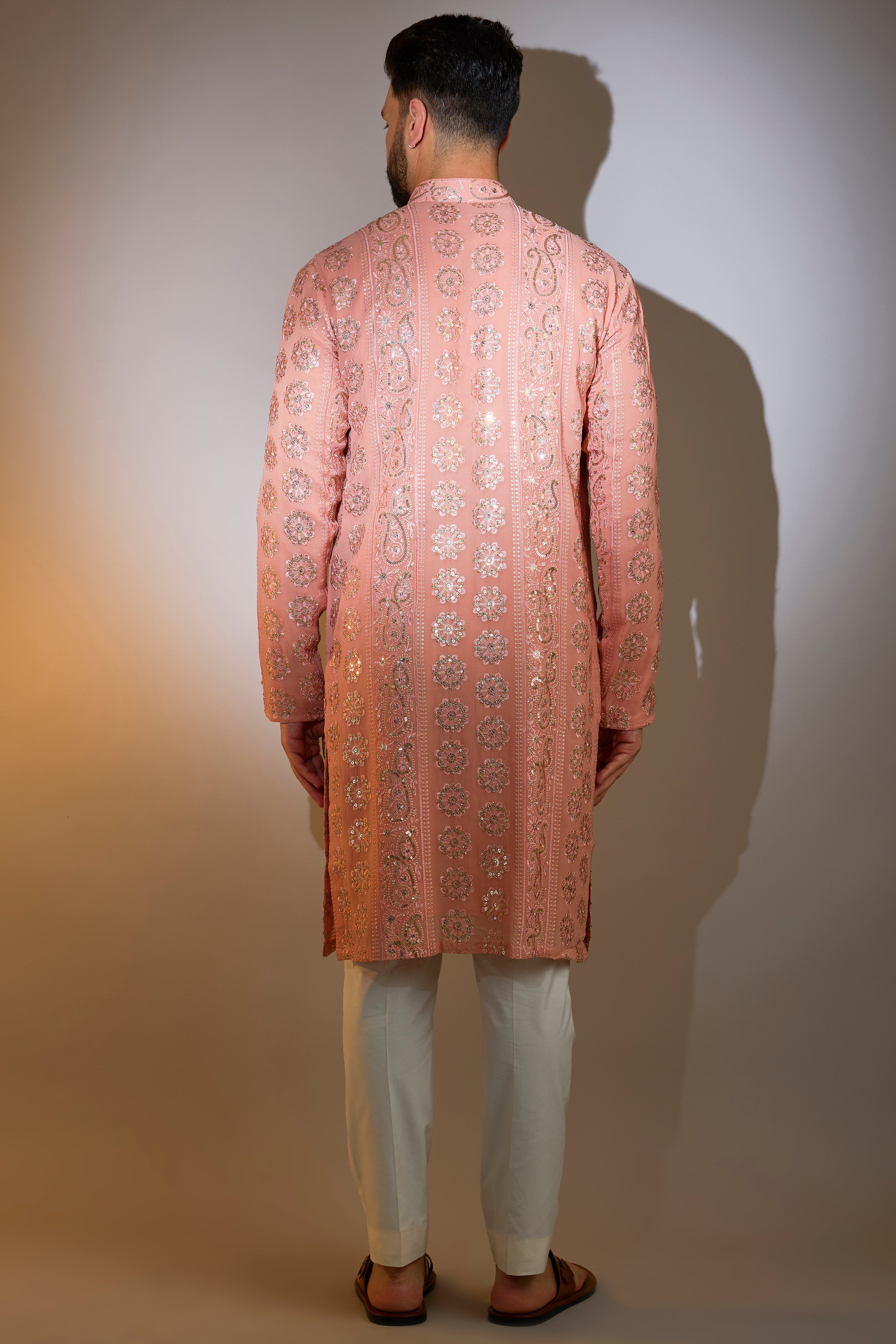 peach chikankari kurta with sequin work