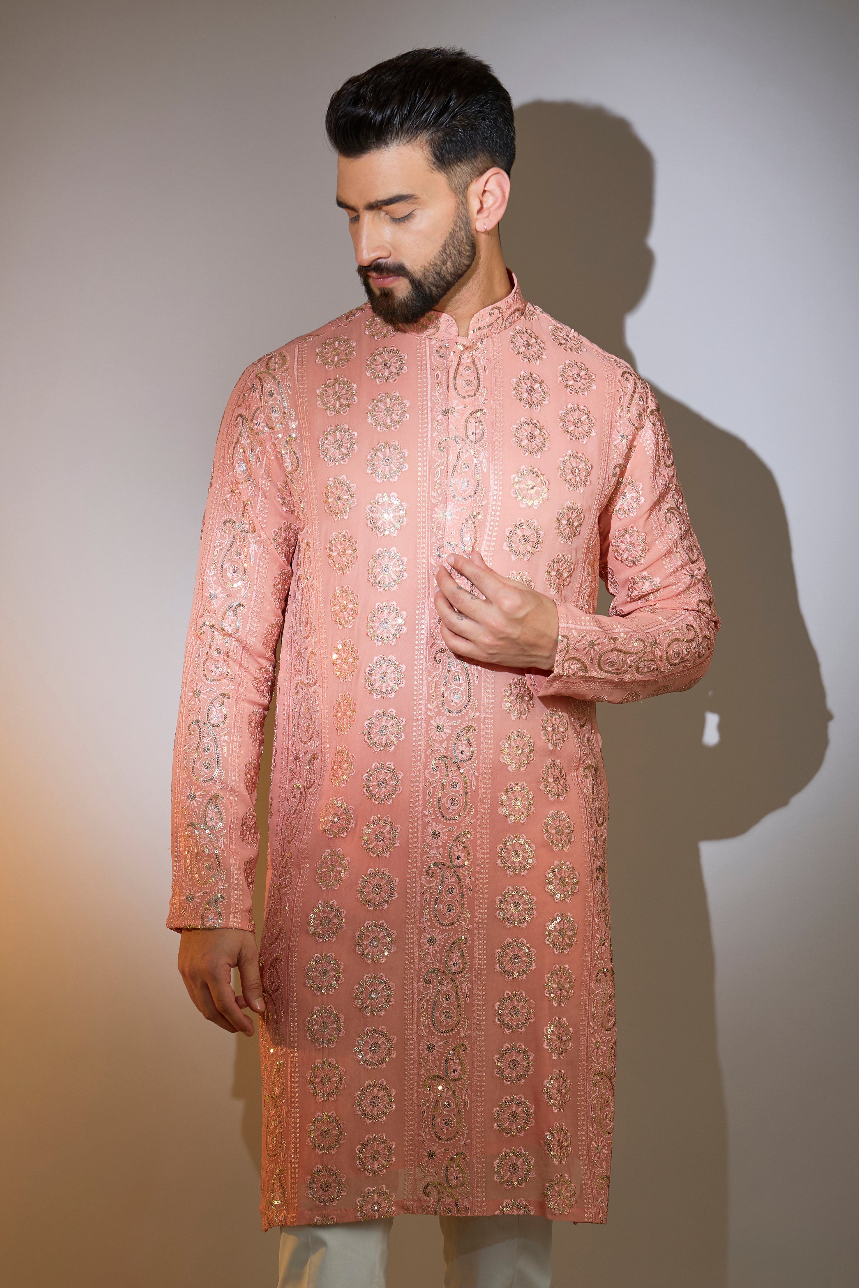 peach chikankari kurta with sequin work