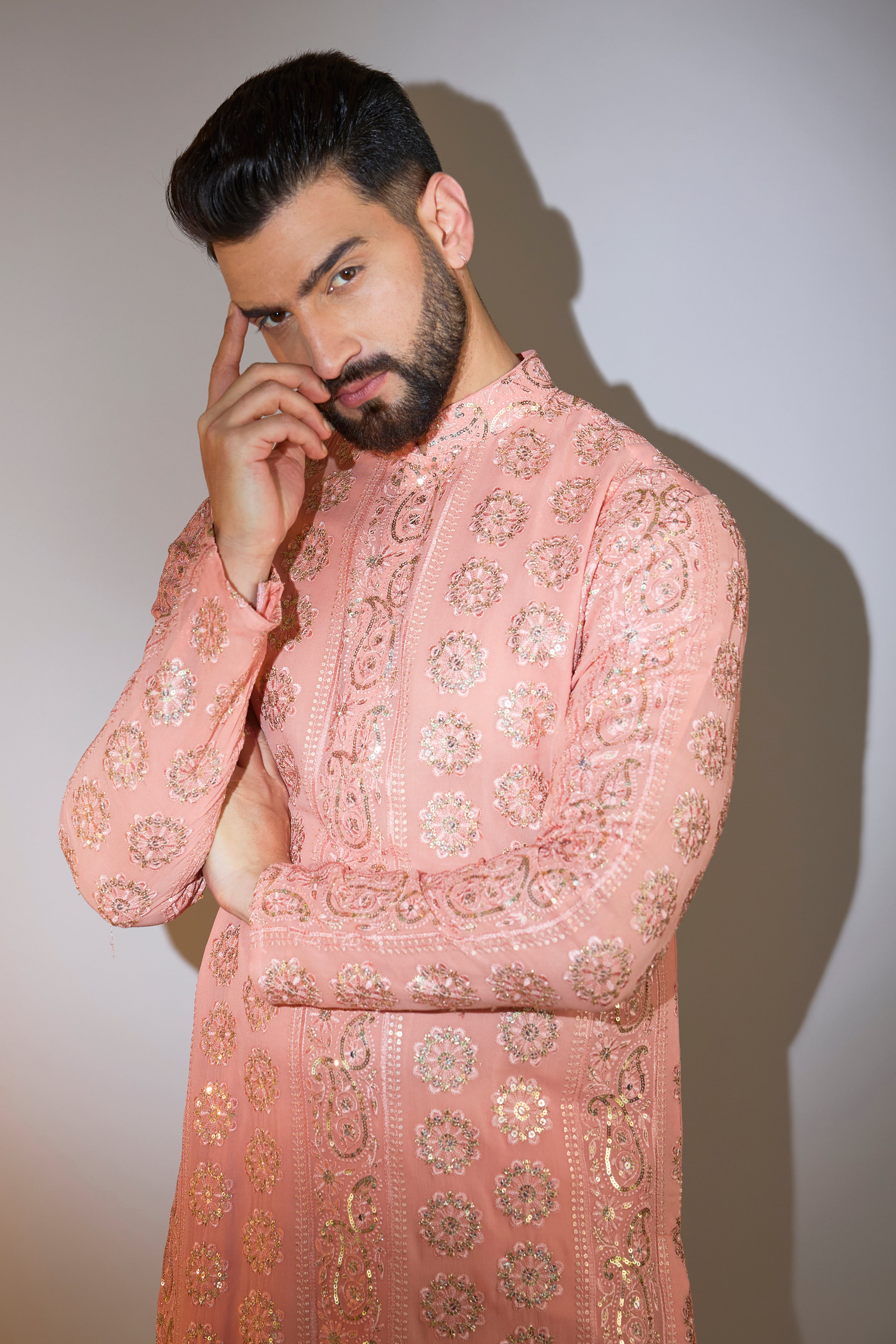 peach chikankari kurta with sequin work