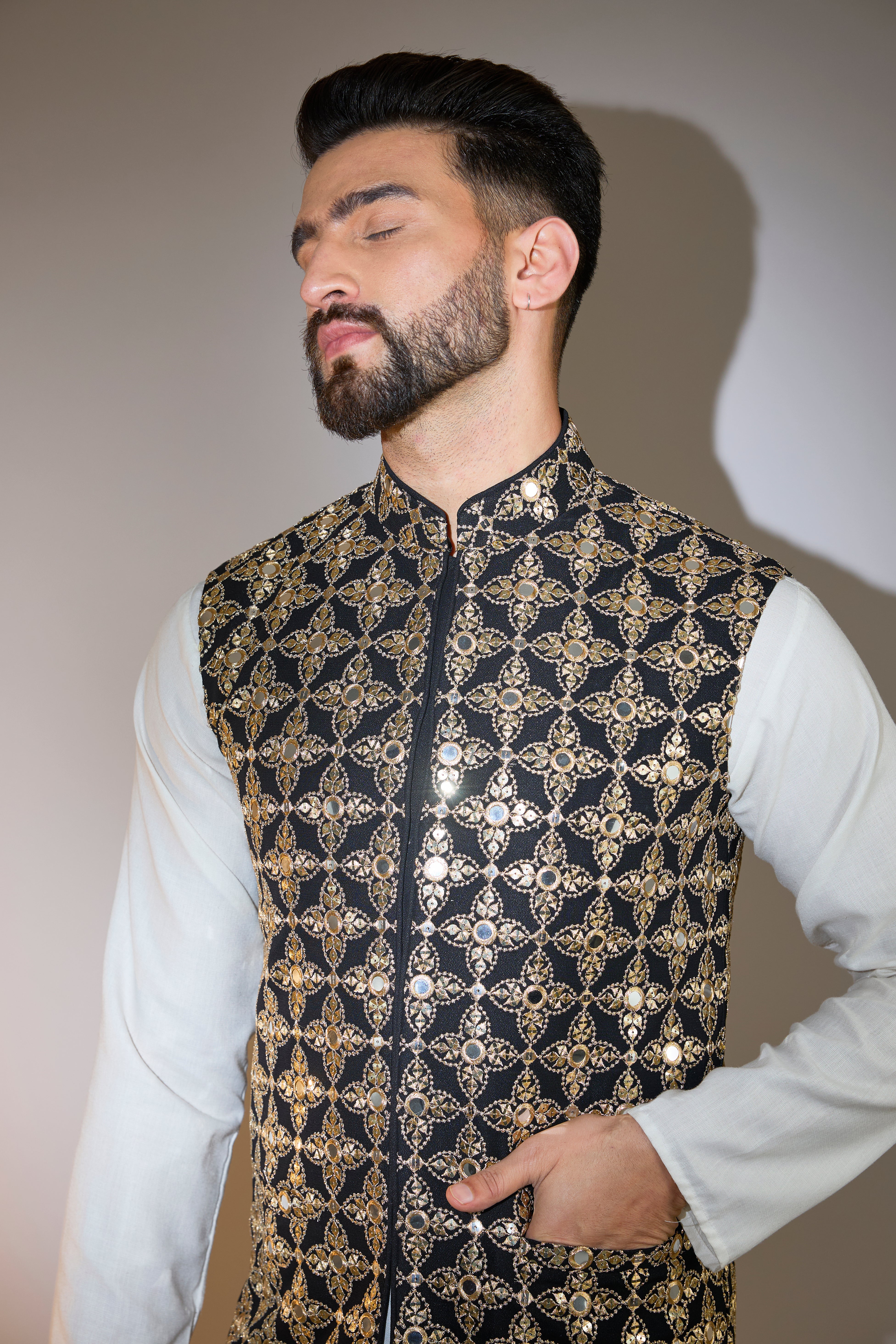 black mirror work jacket with zari detailing