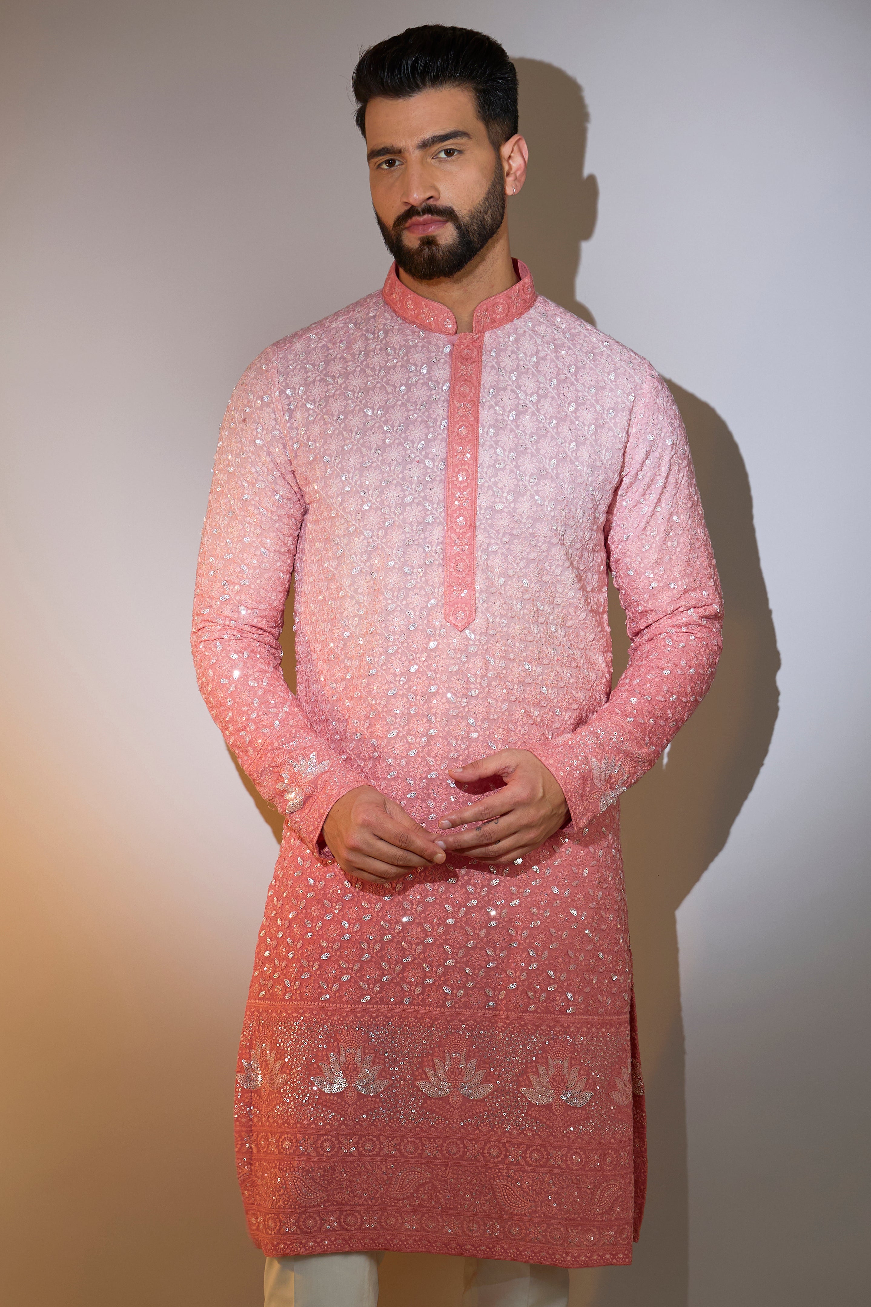 peach ombre shaded mirror work chikankari kurta
