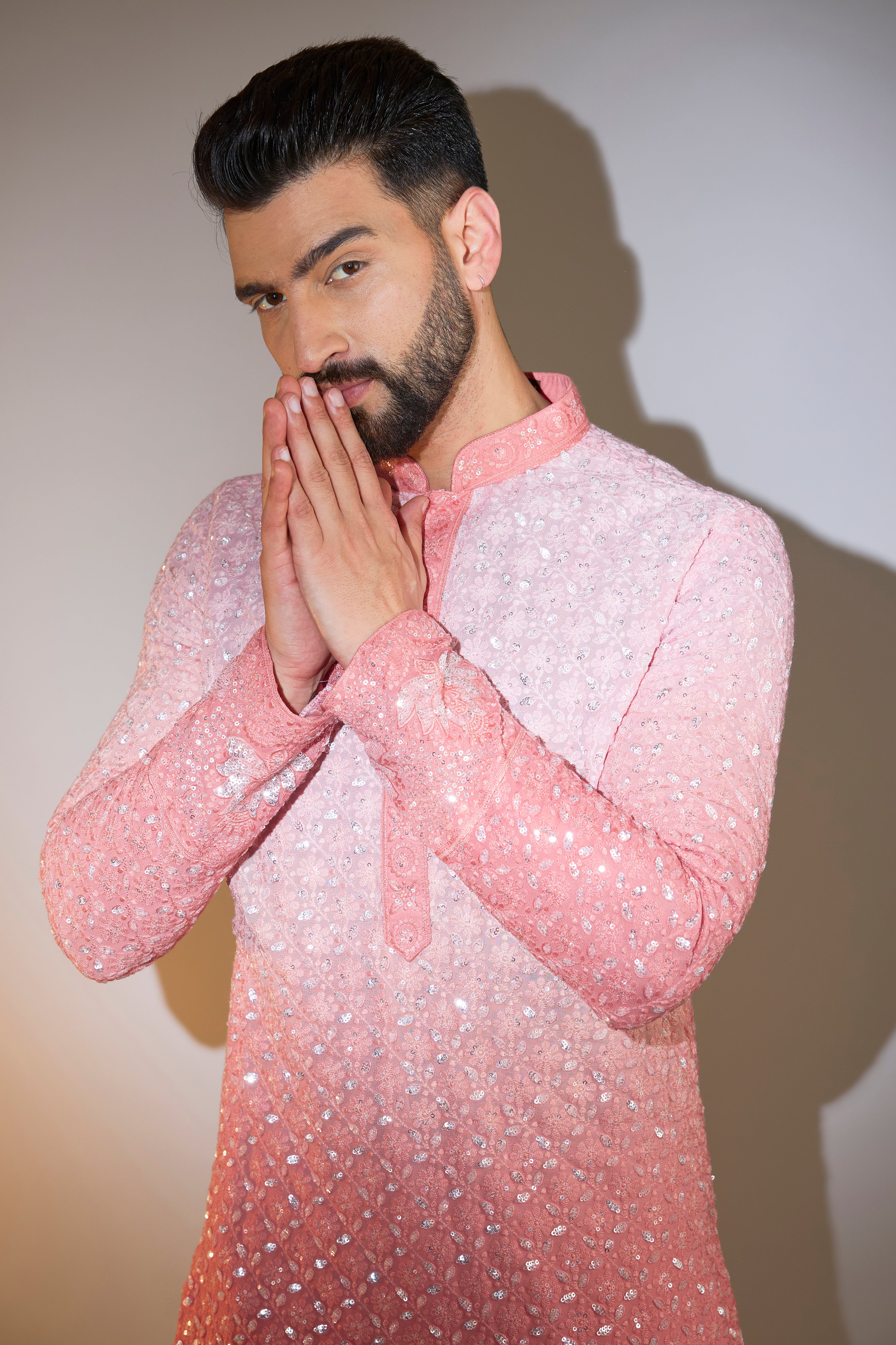 peach ombre shaded mirror work chikankari kurta