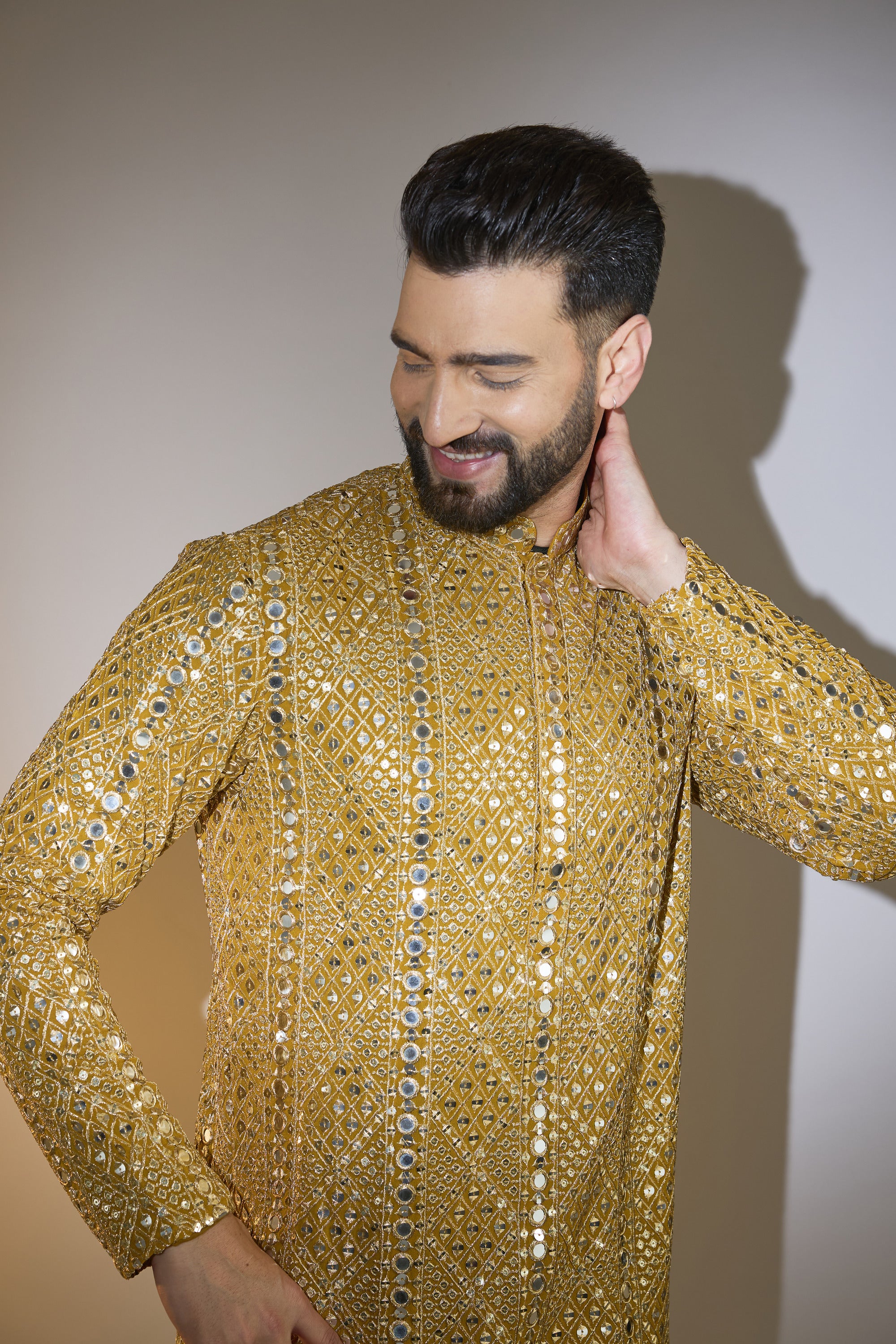 mustard mirror work kurta with intricate zari work