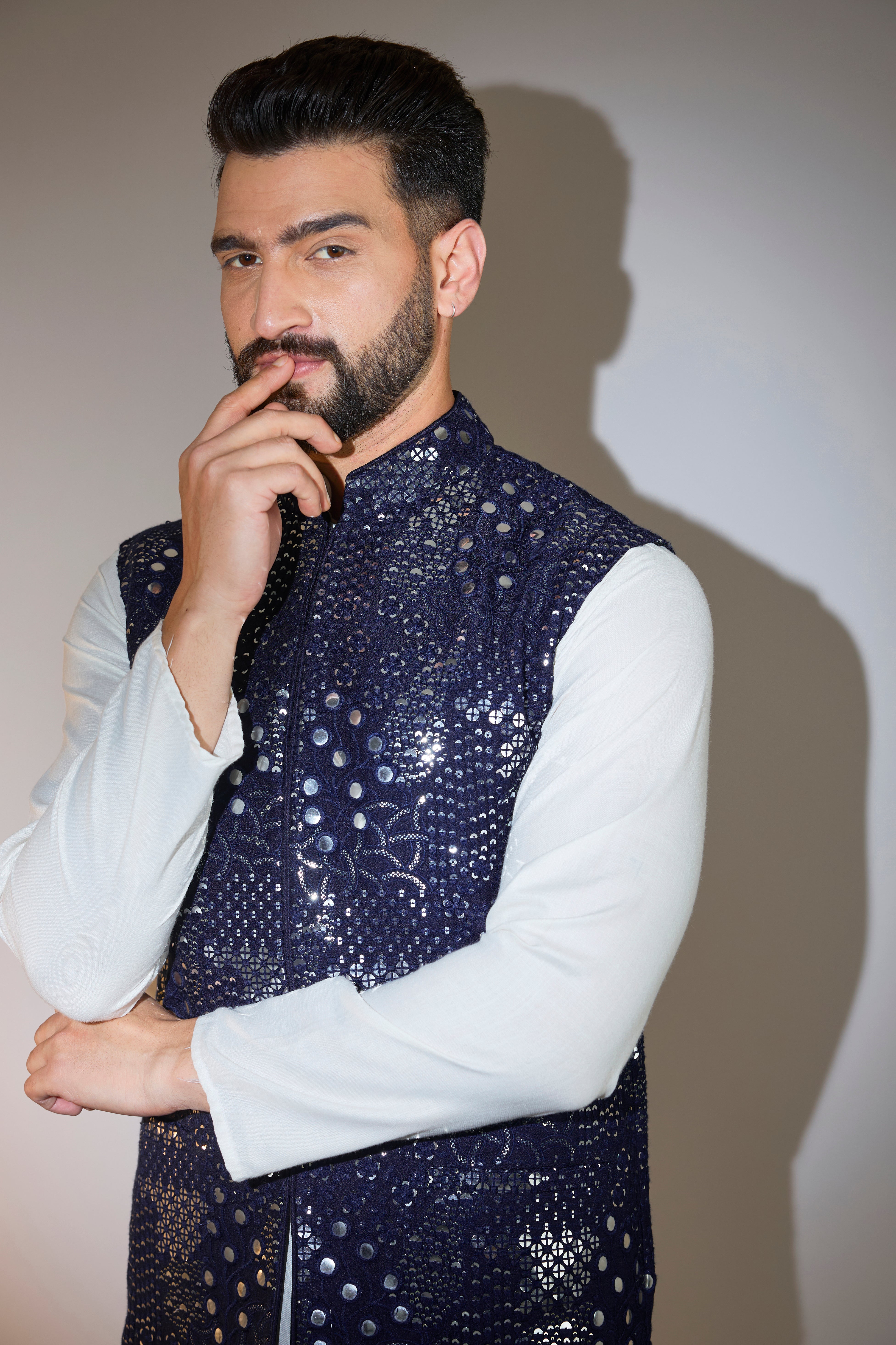 navy blue short mirror work jacket