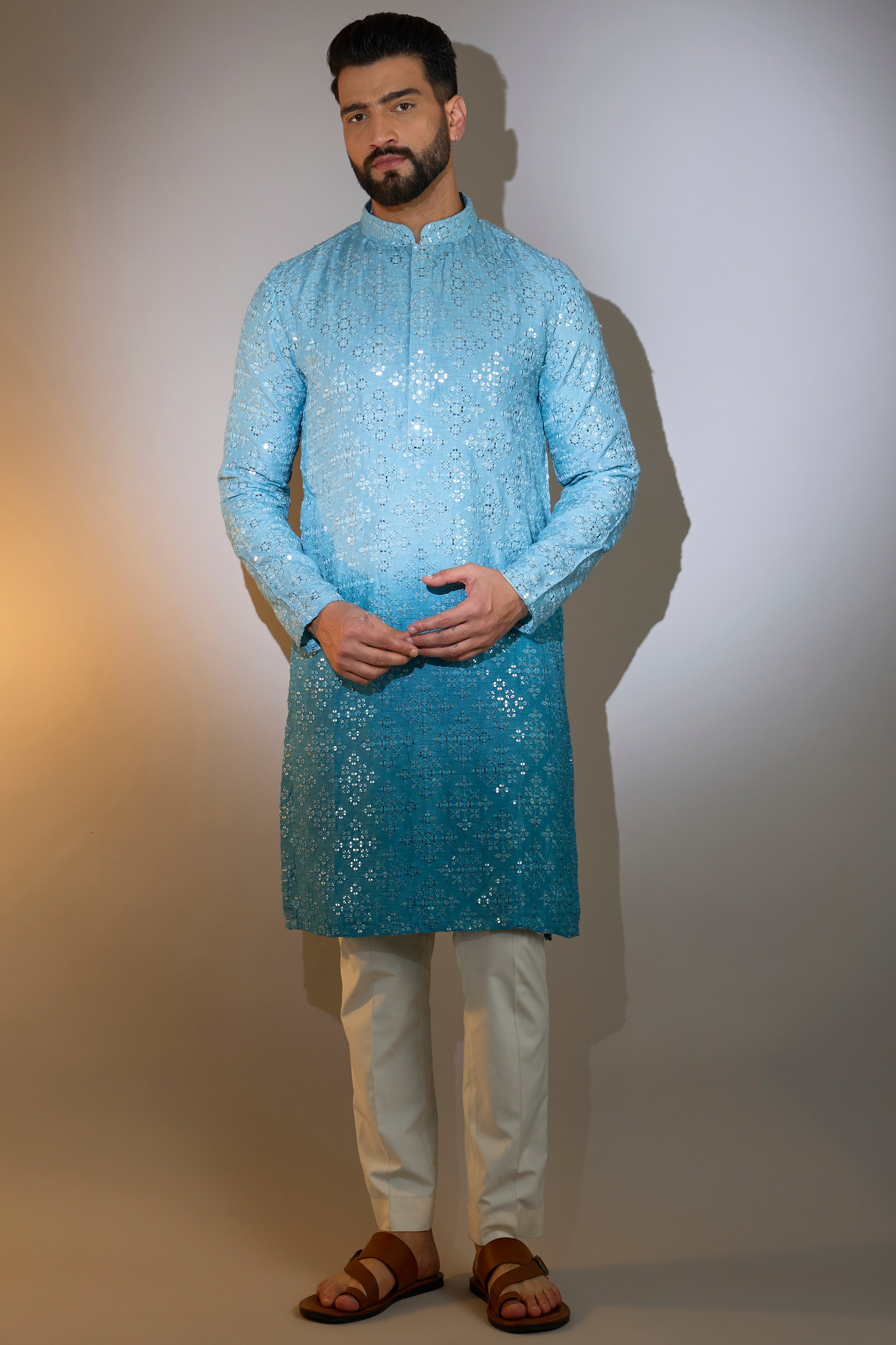 ombre shaded blue mirror work kurta