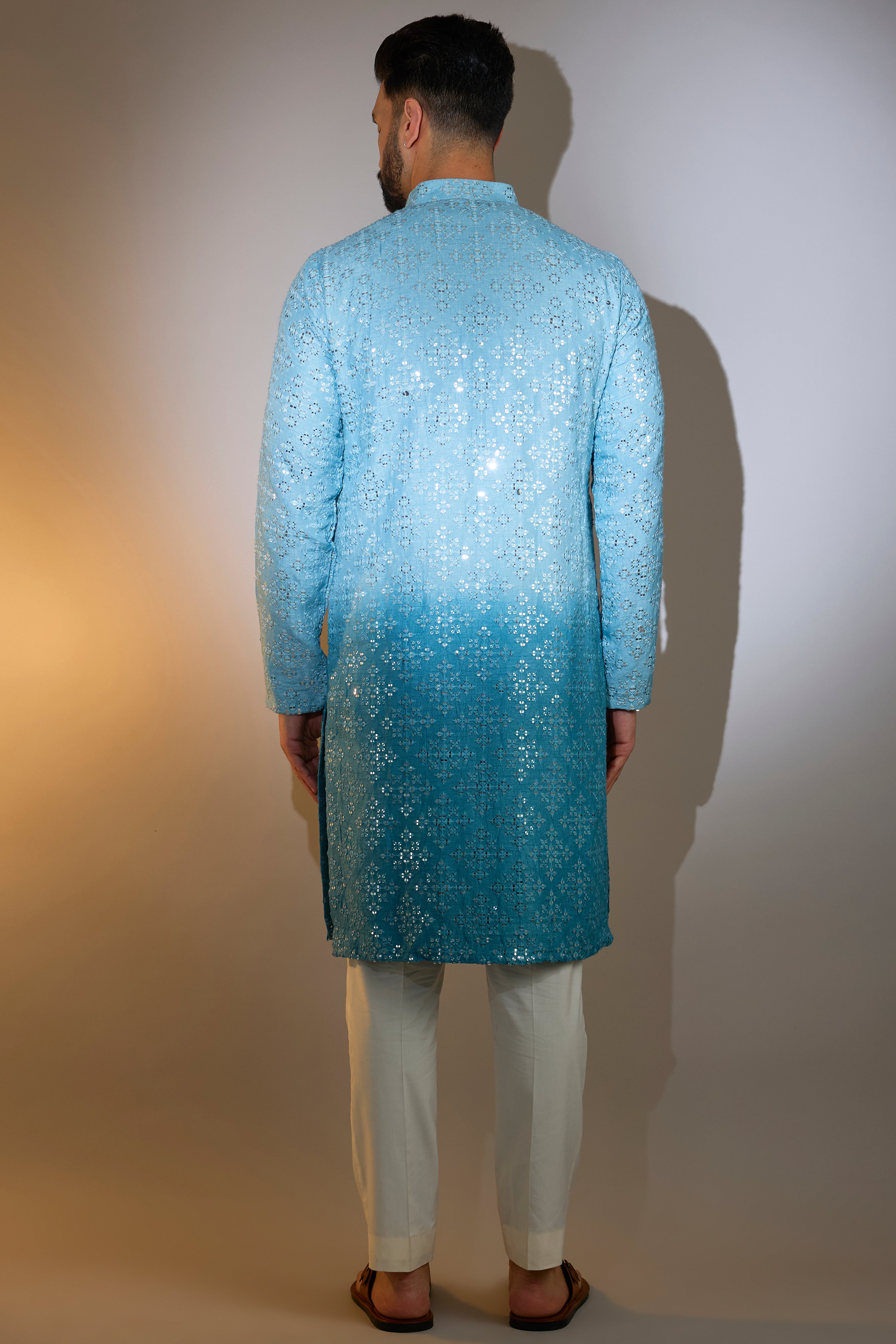 ombre shaded blue mirror work kurta