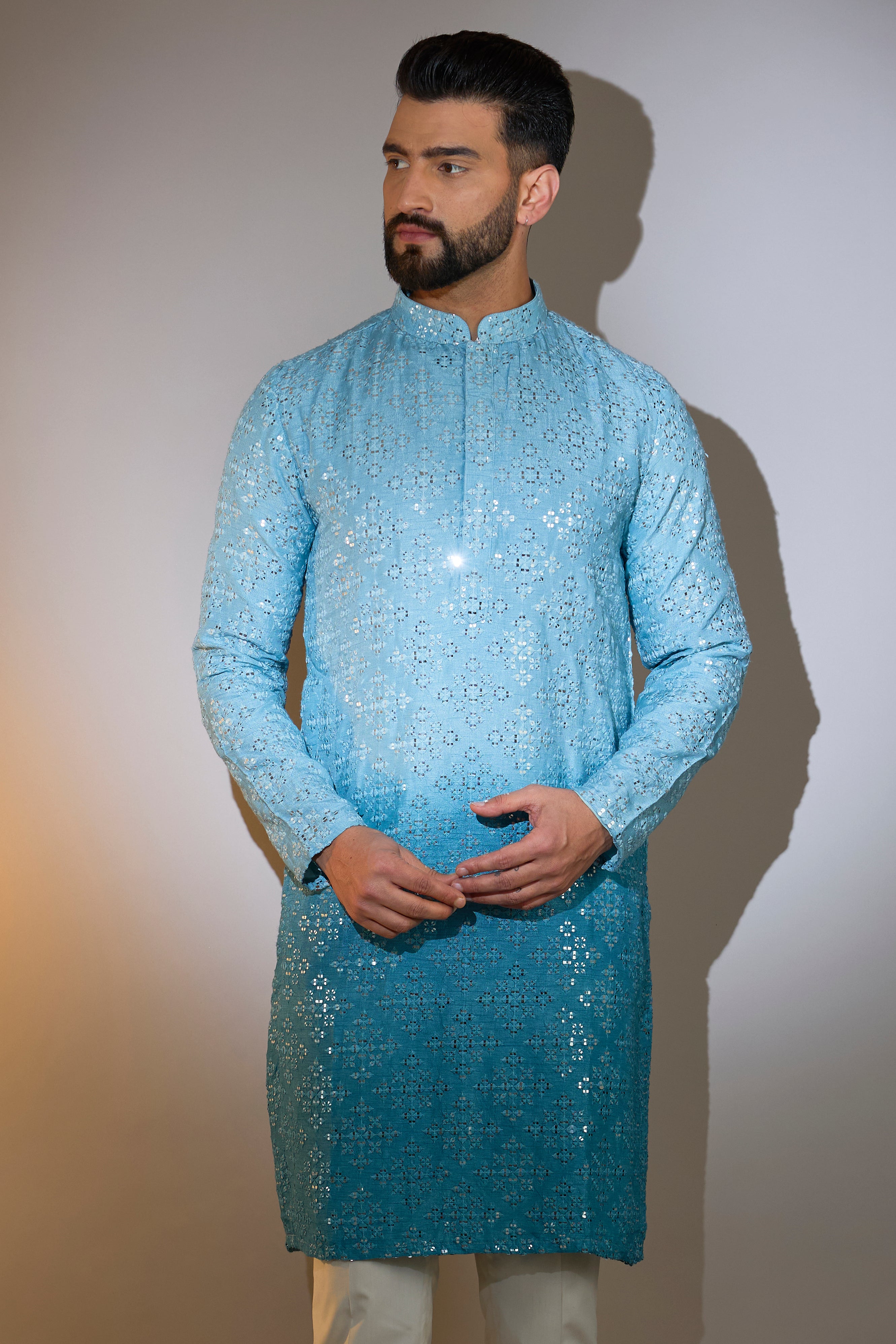 ombre shaded blue mirror work kurta