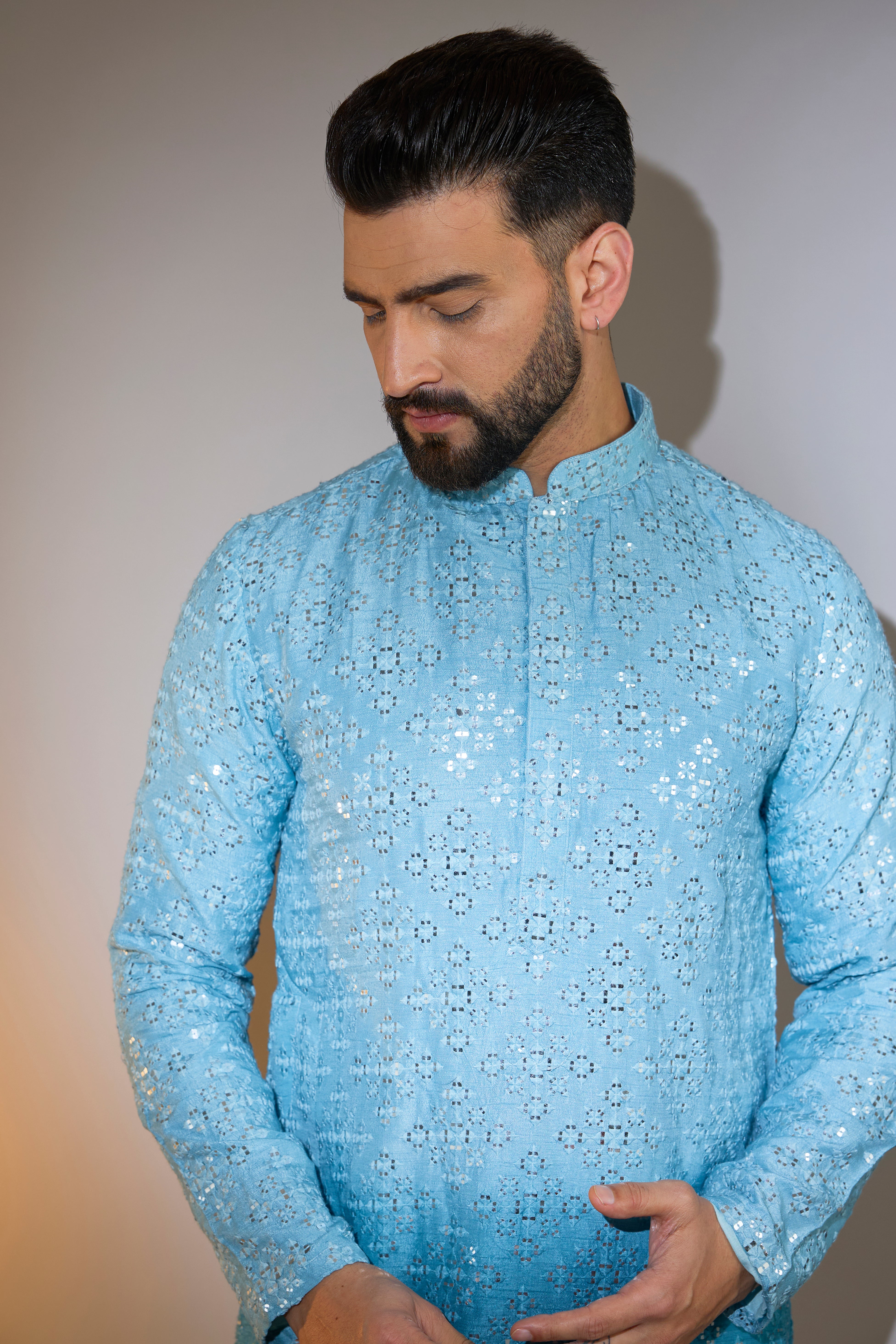 ombre shaded blue mirror work kurta