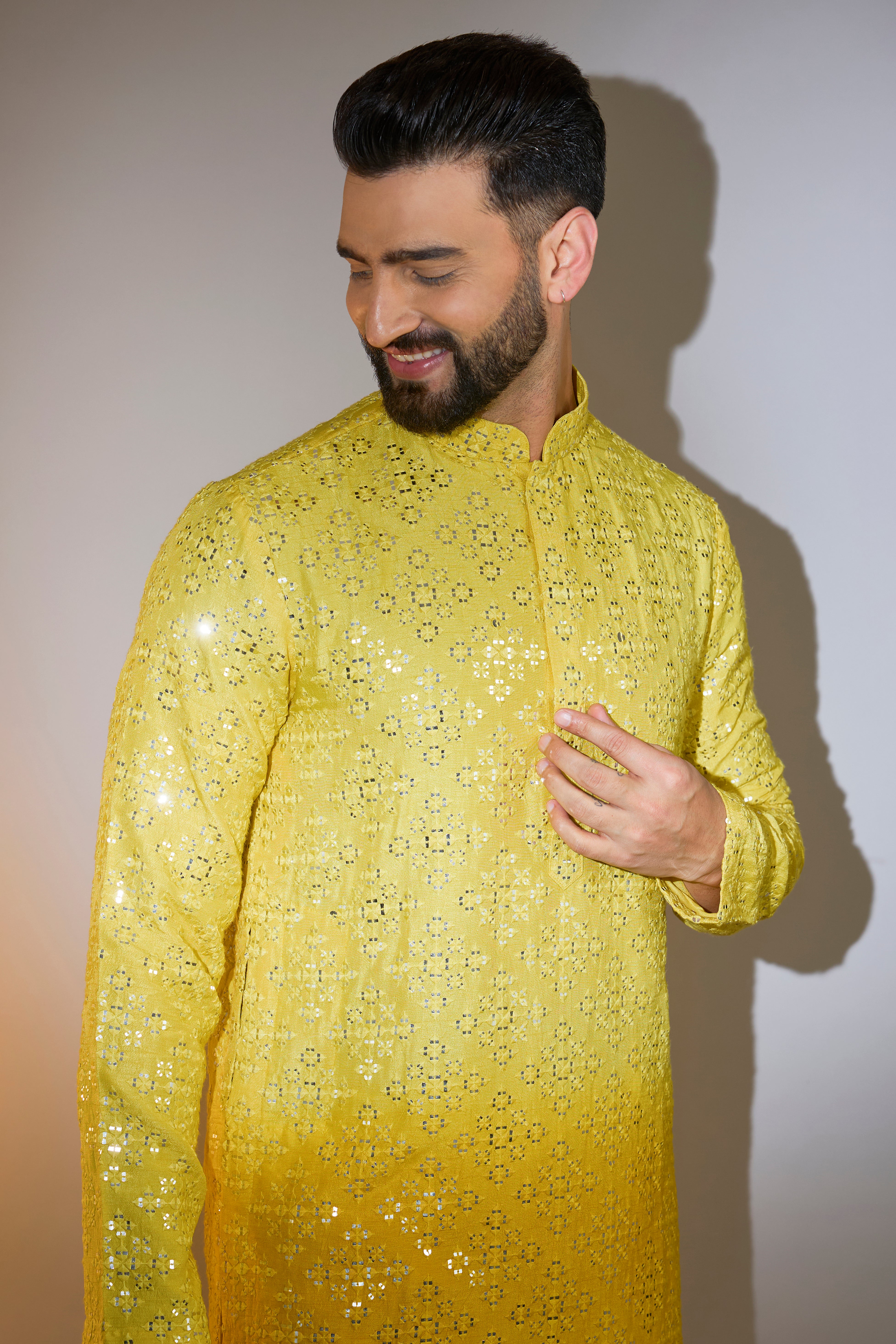 Signature yellow ombre shaded mirror work kurta