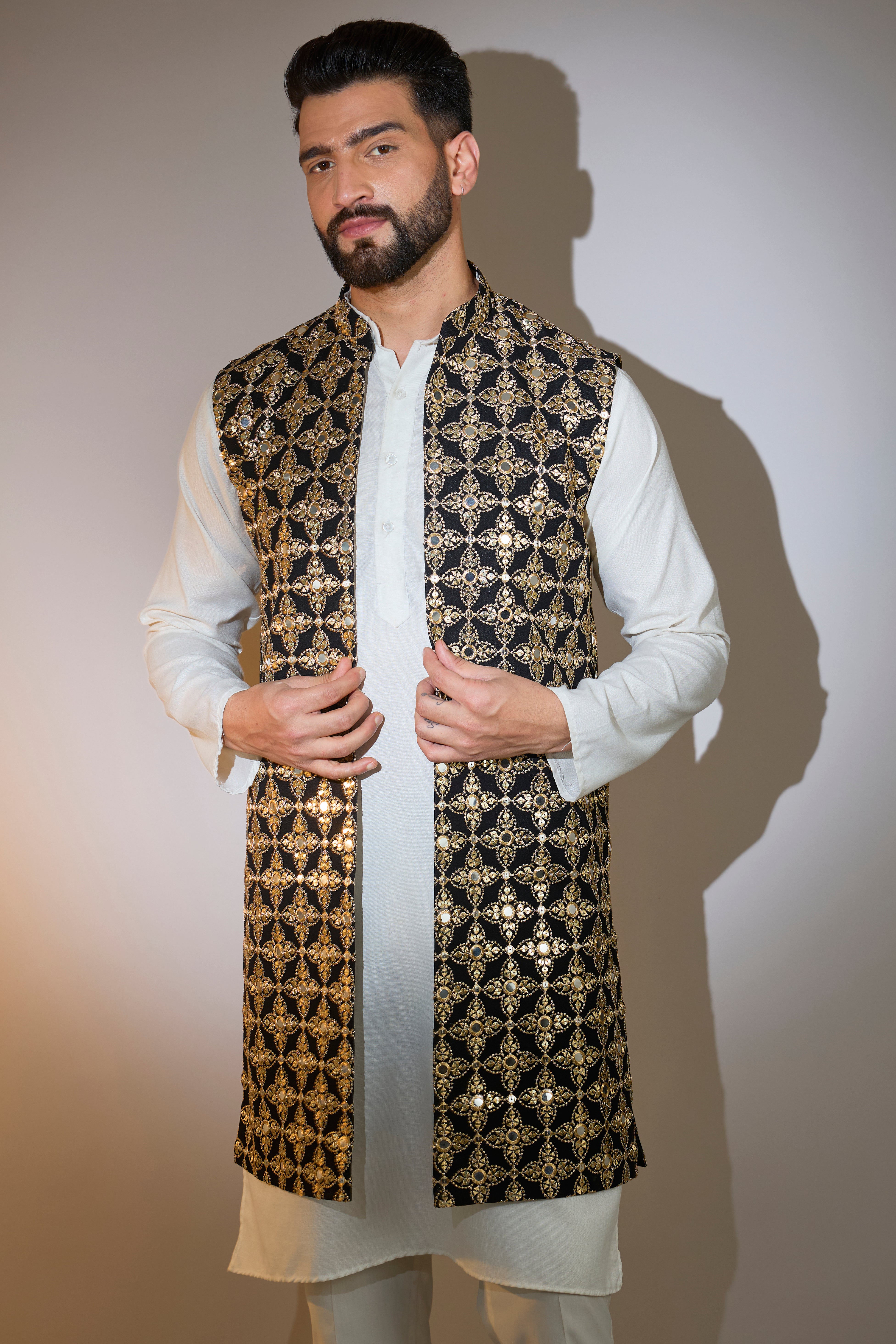 black mirror work long open jacket with zari detailing