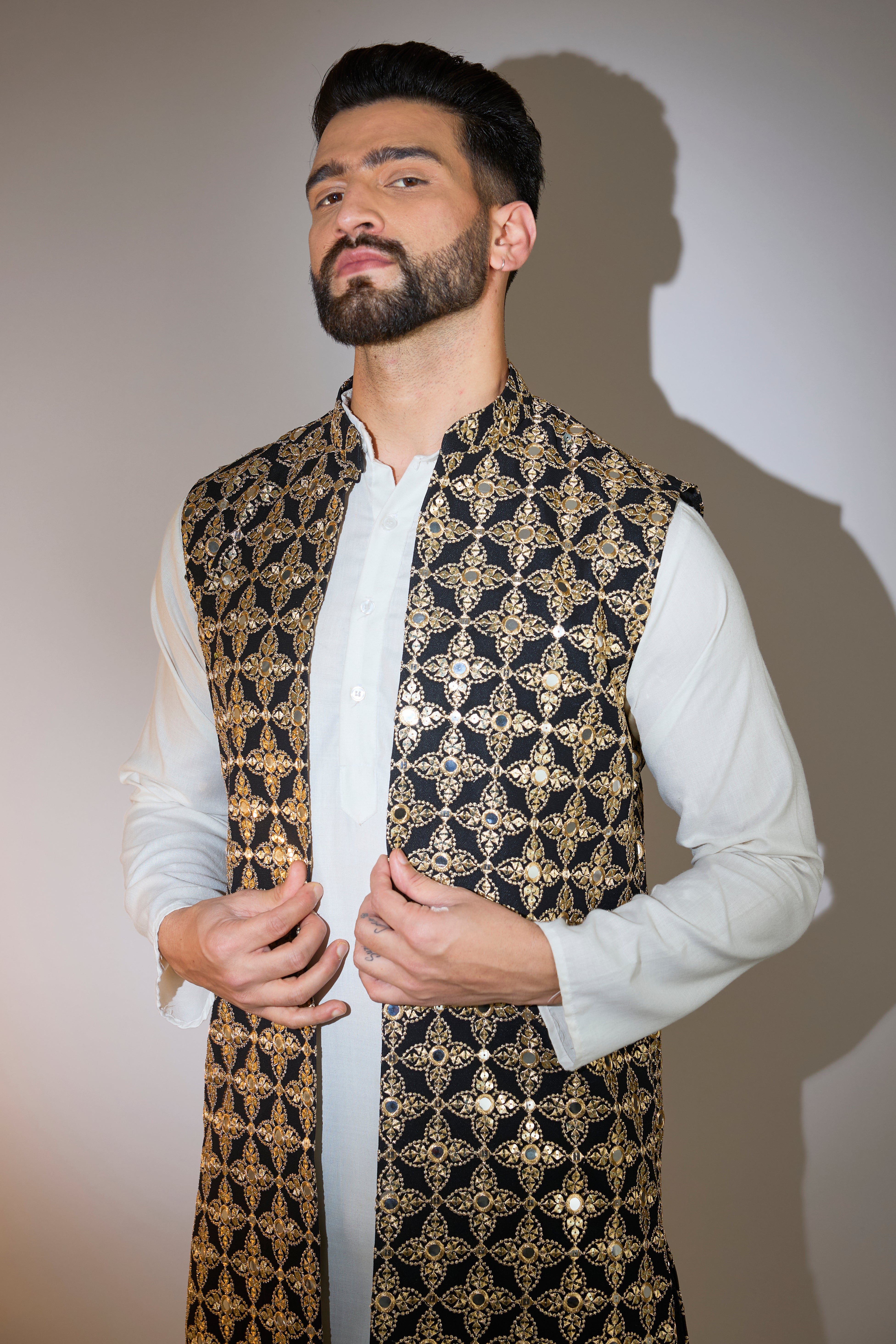 black mirror work long open jacket with zari detailing