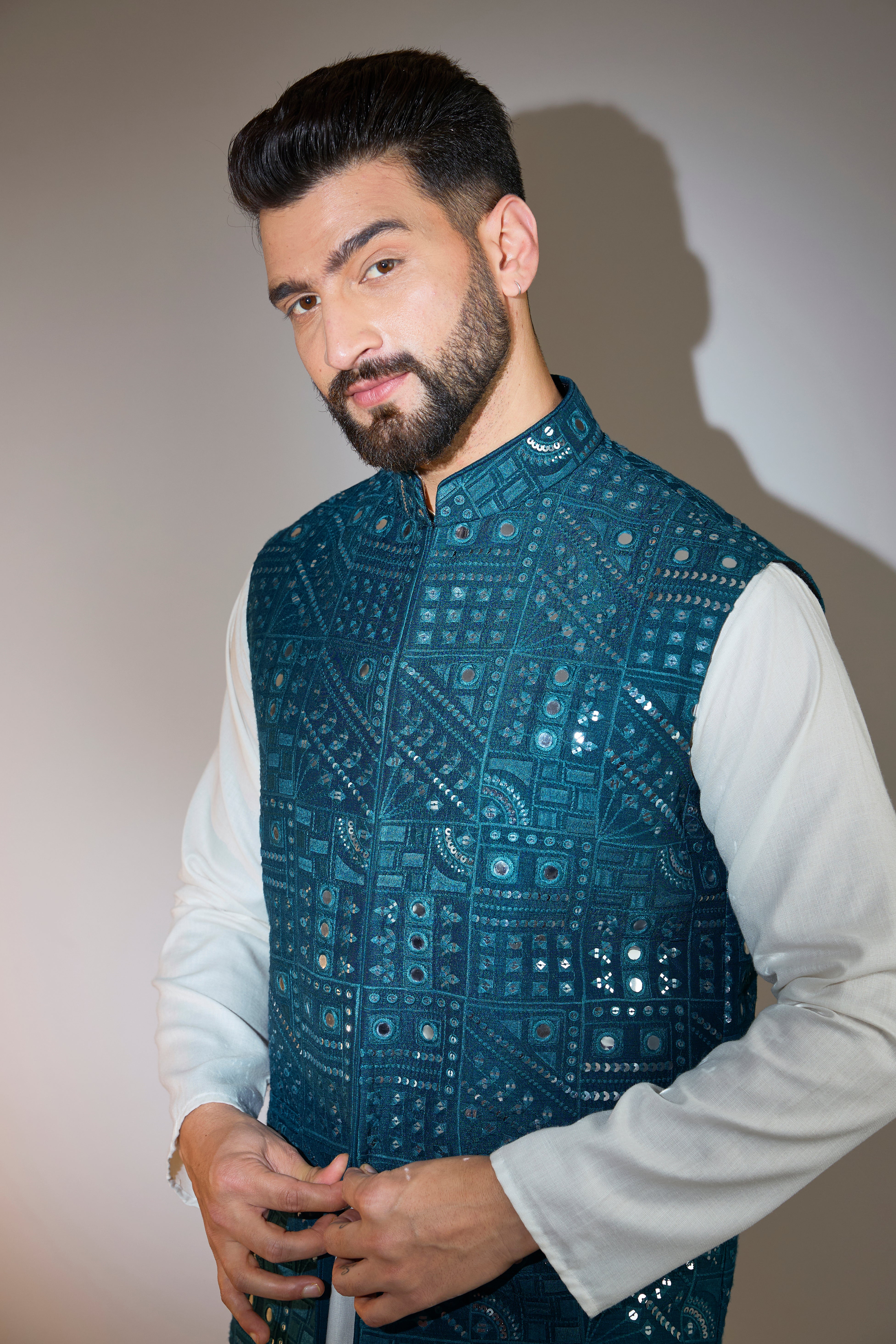 teal mirror work jacket