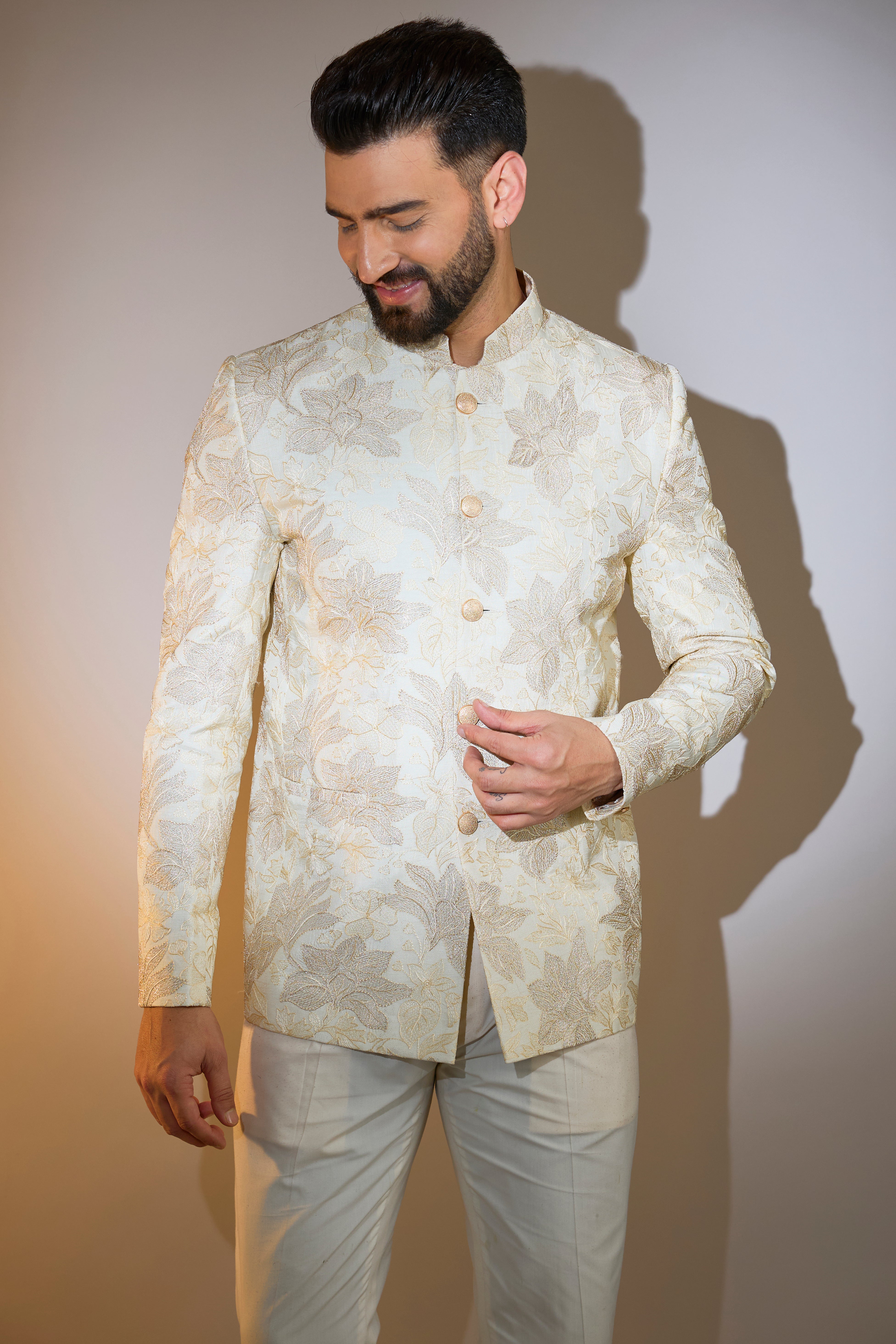 cream floral threadwork bandgala