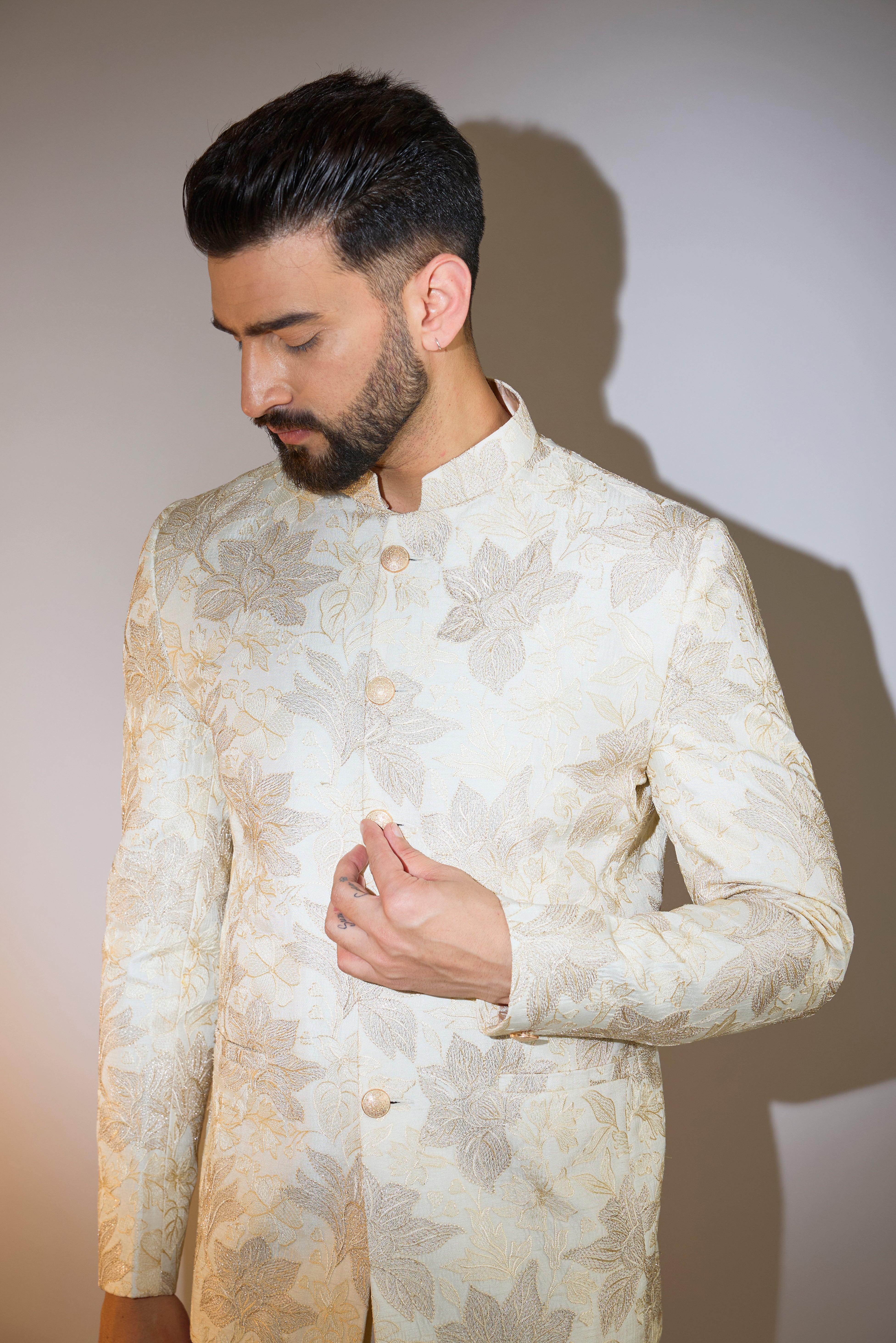 cream floral threadwork bandgala