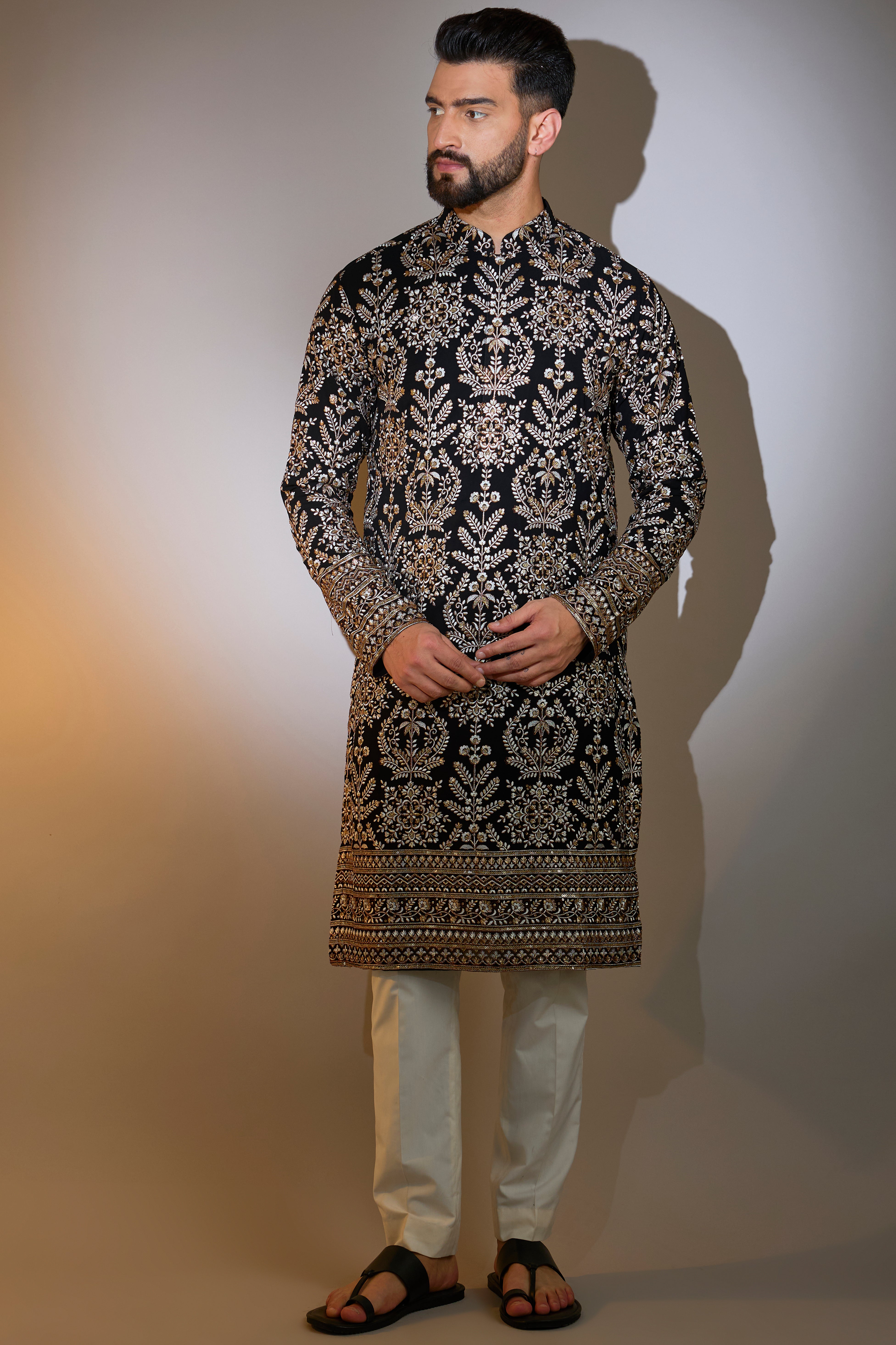 black thread work kurta with intricate zari embroidery
