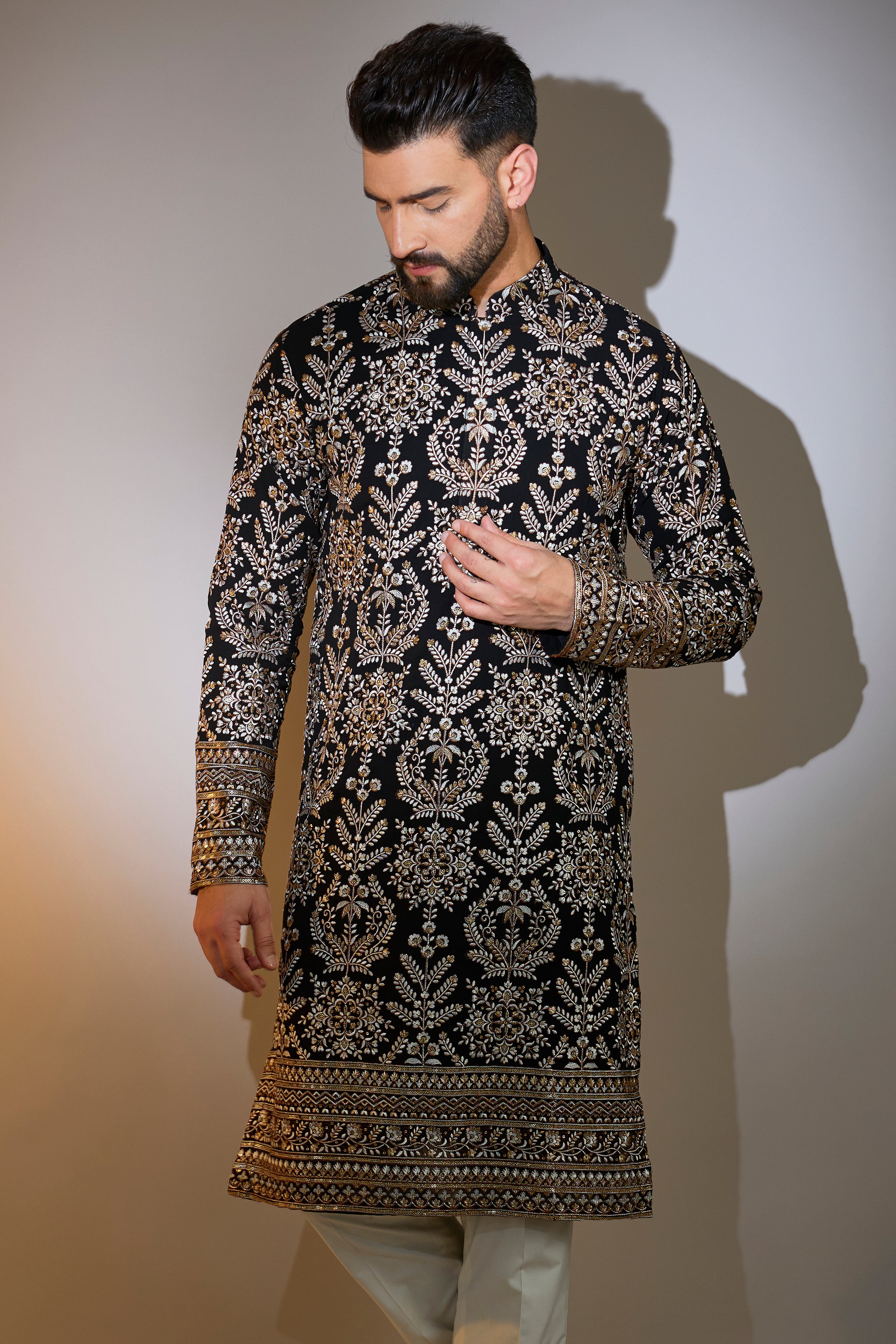 black thread work kurta with intricate zari embroidery