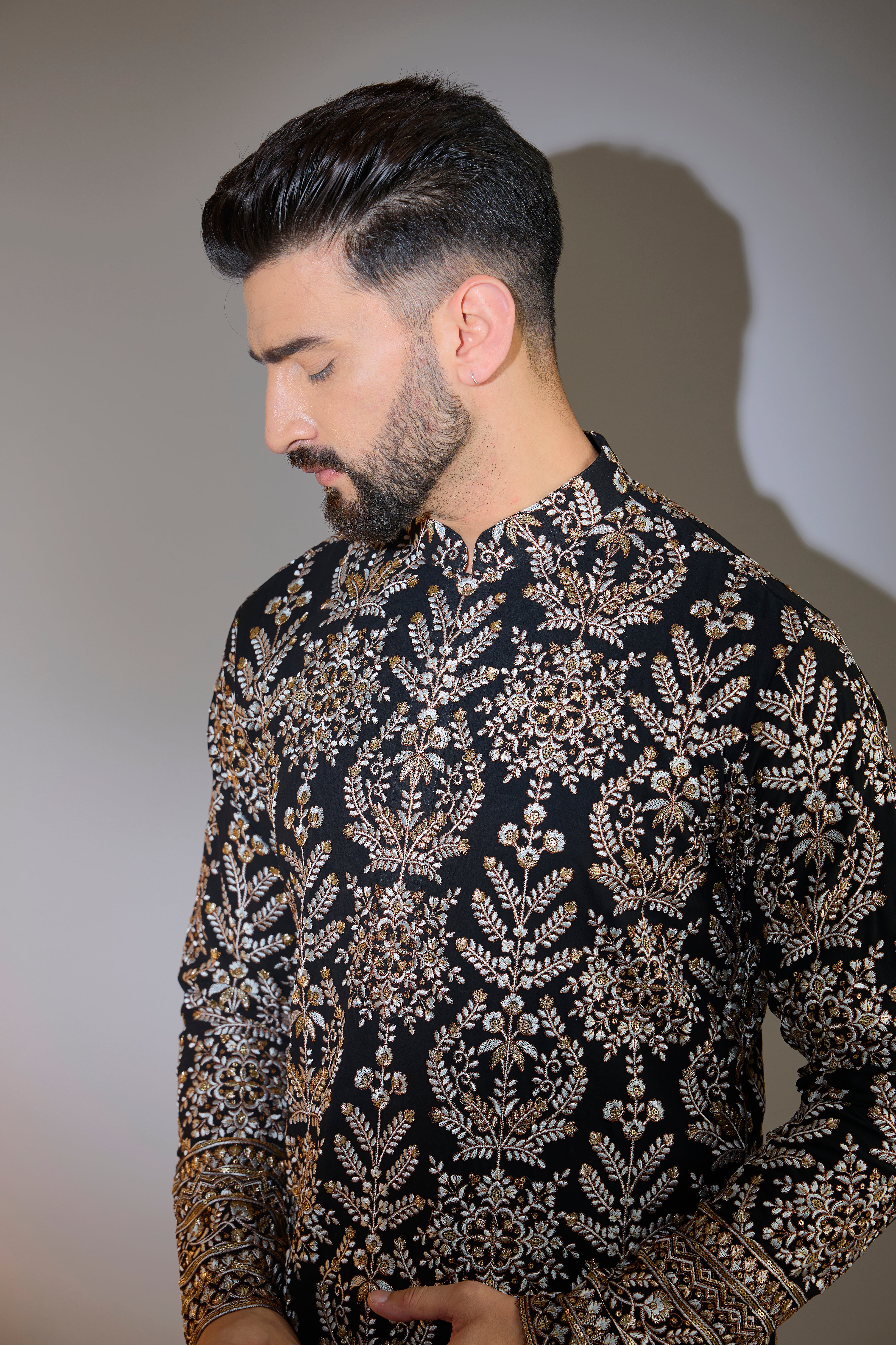 black thread work kurta with intricate zari embroidery