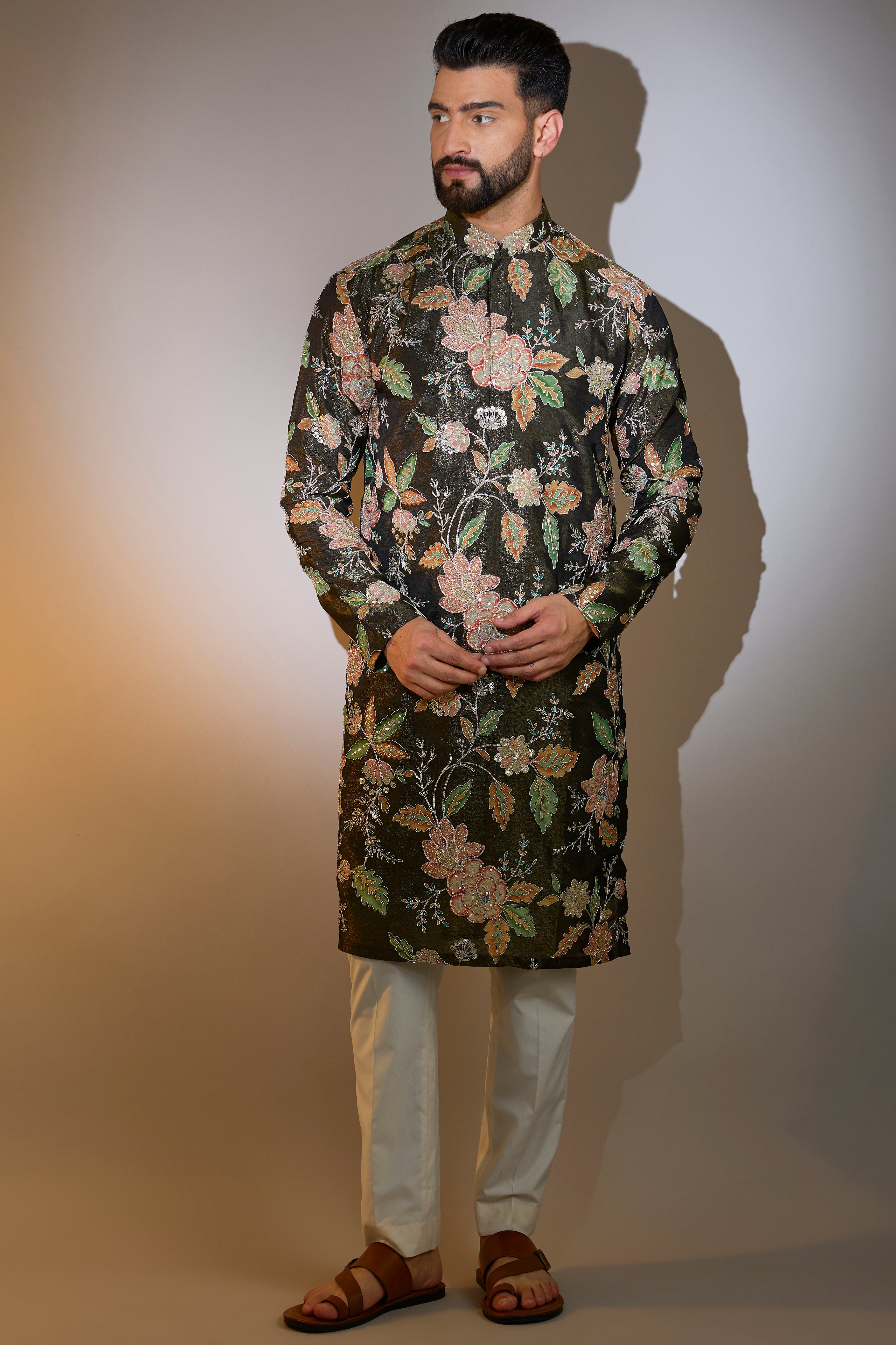 mehndi green floral kurta with detailed aari work