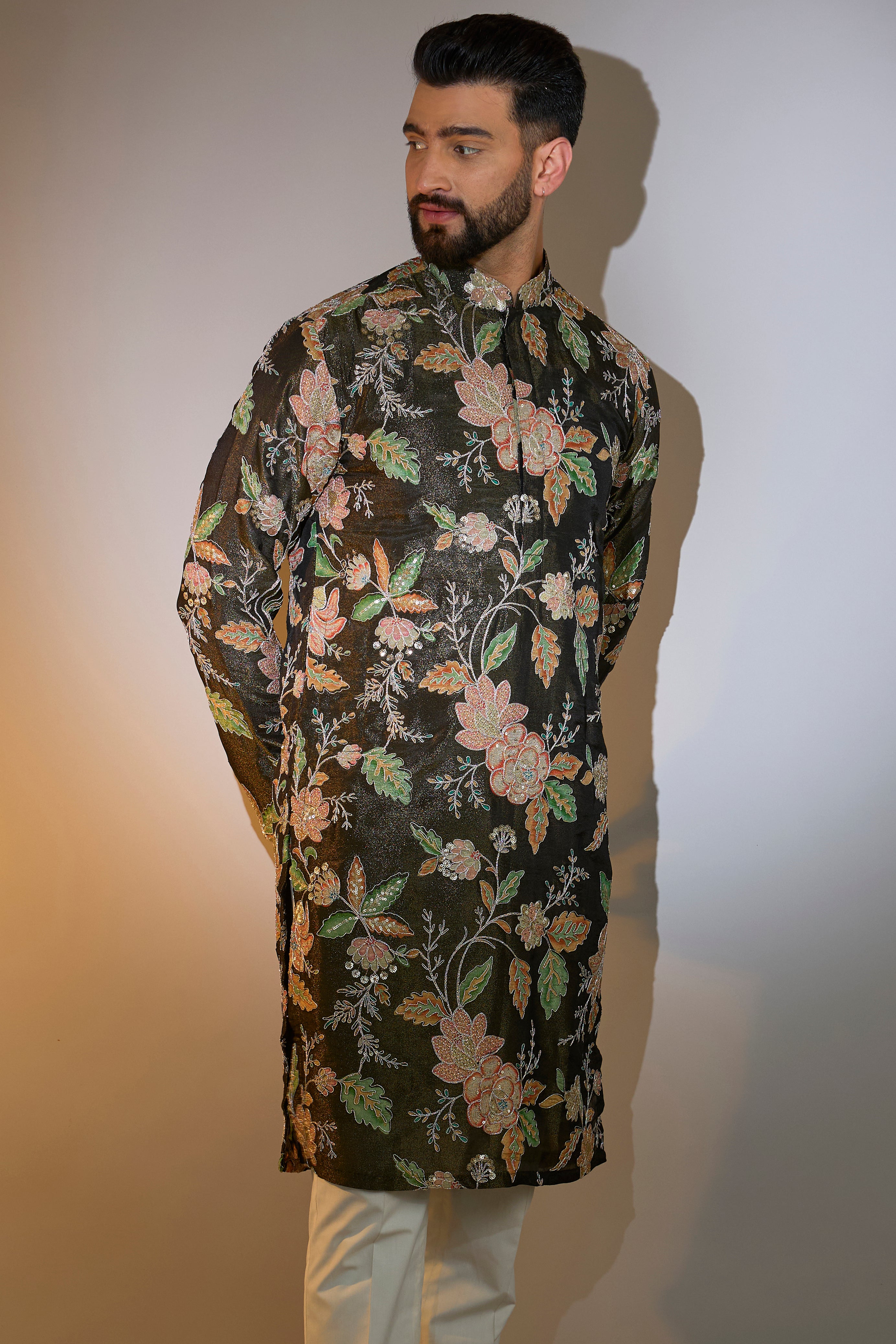 mehndi green floral kurta with detailed aari work