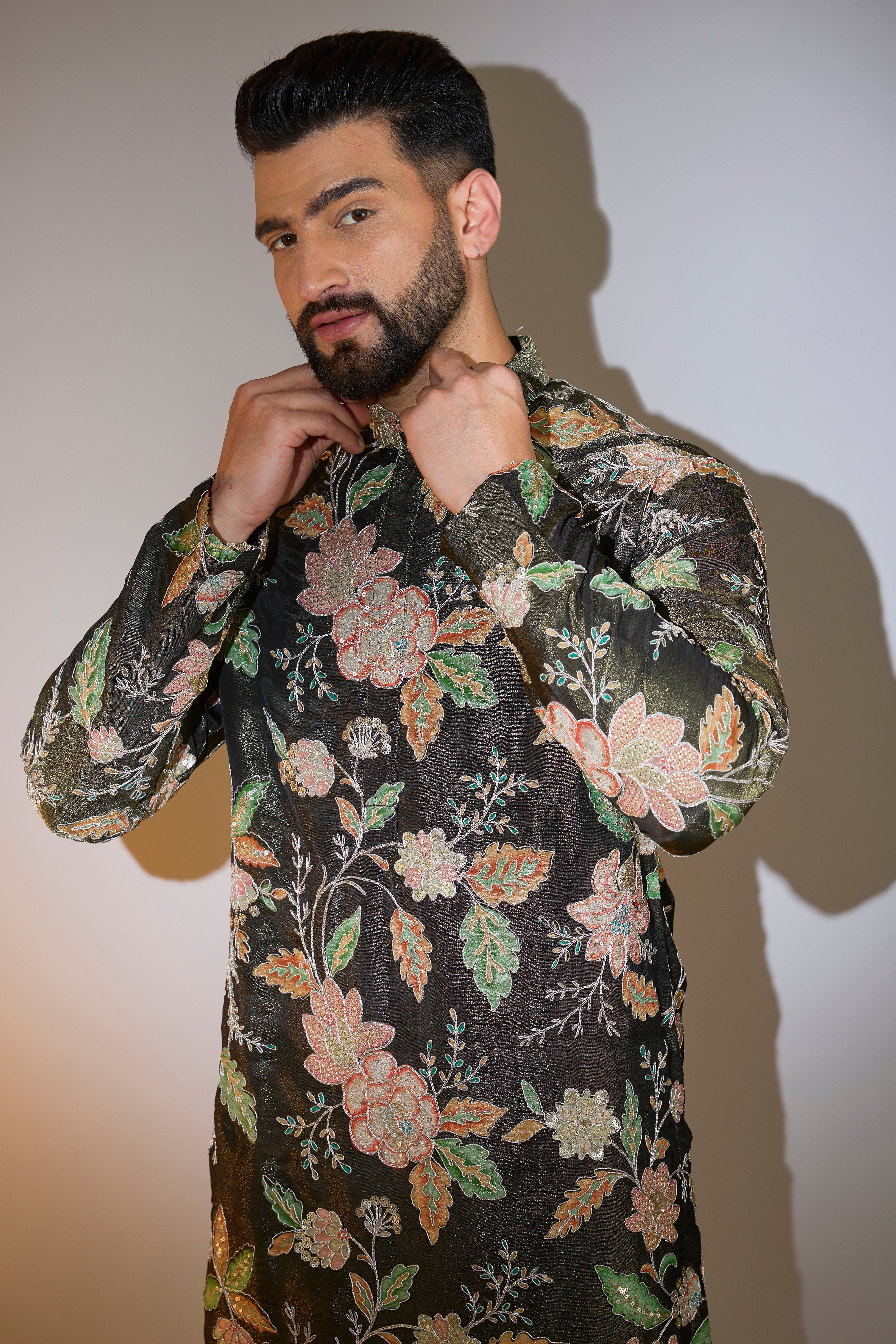 mehndi green floral kurta with detailed aari work