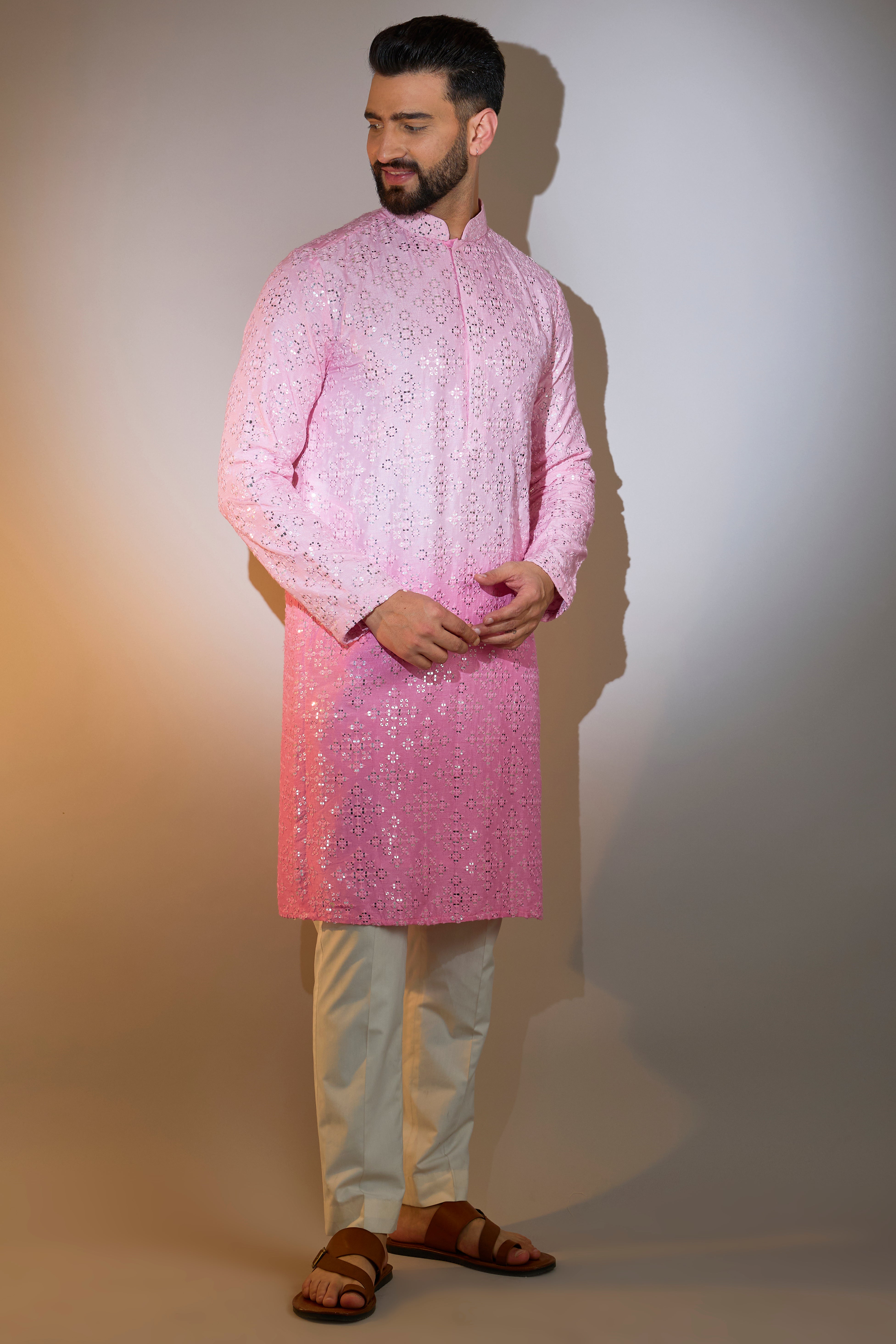 pink ombre shaded mirror work kurta
