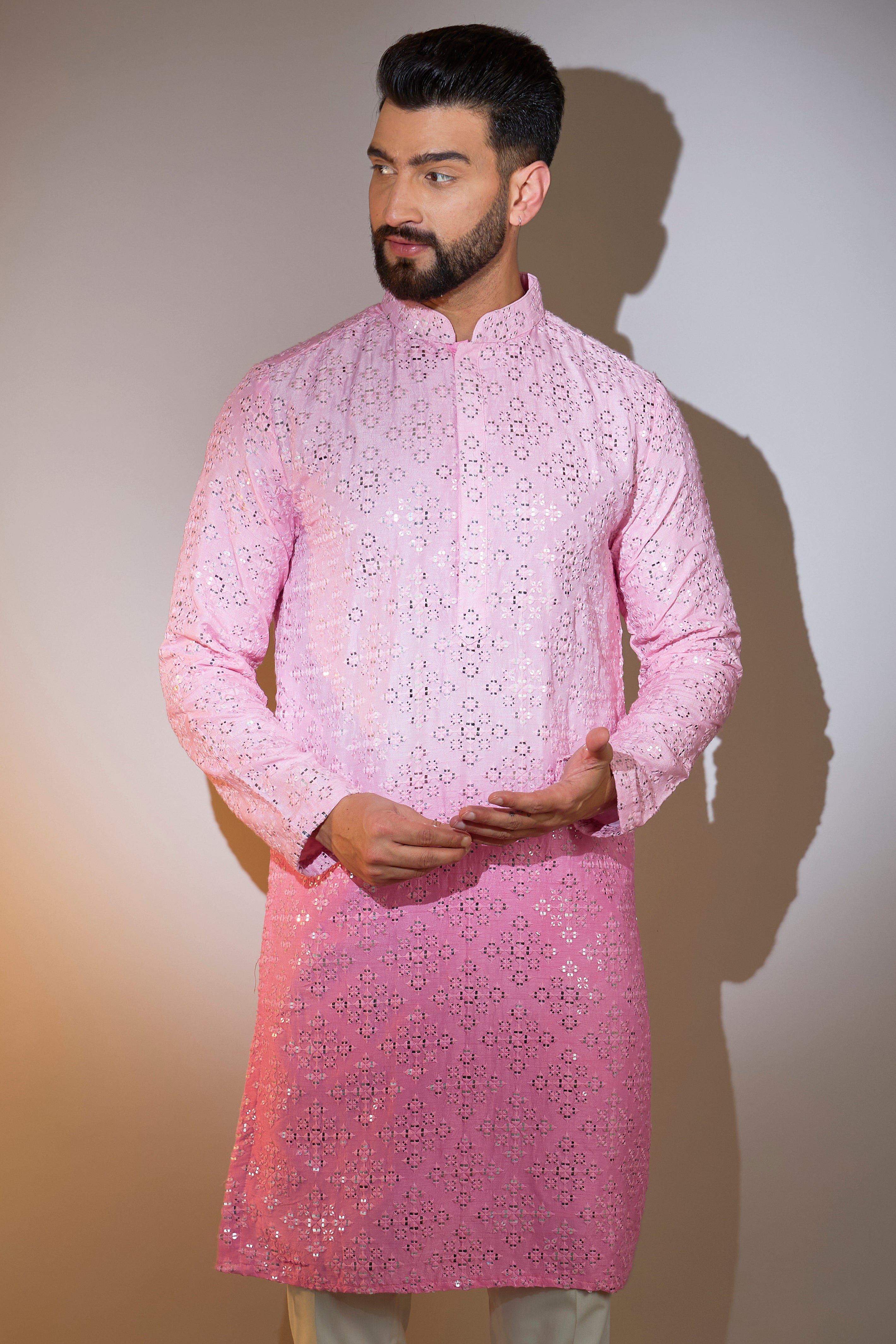 pink ombre shaded mirror work kurta