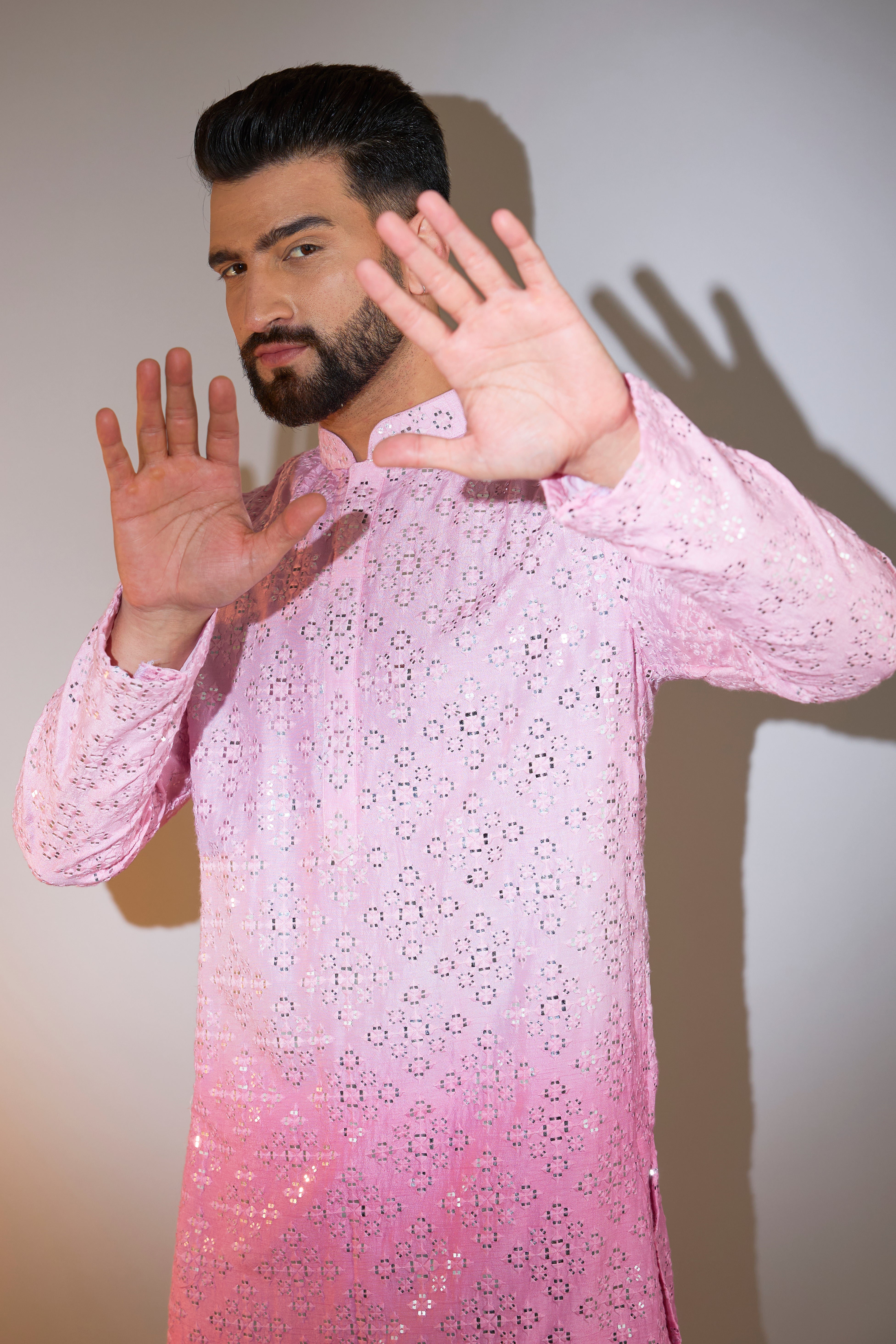 pink ombre shaded mirror work kurta