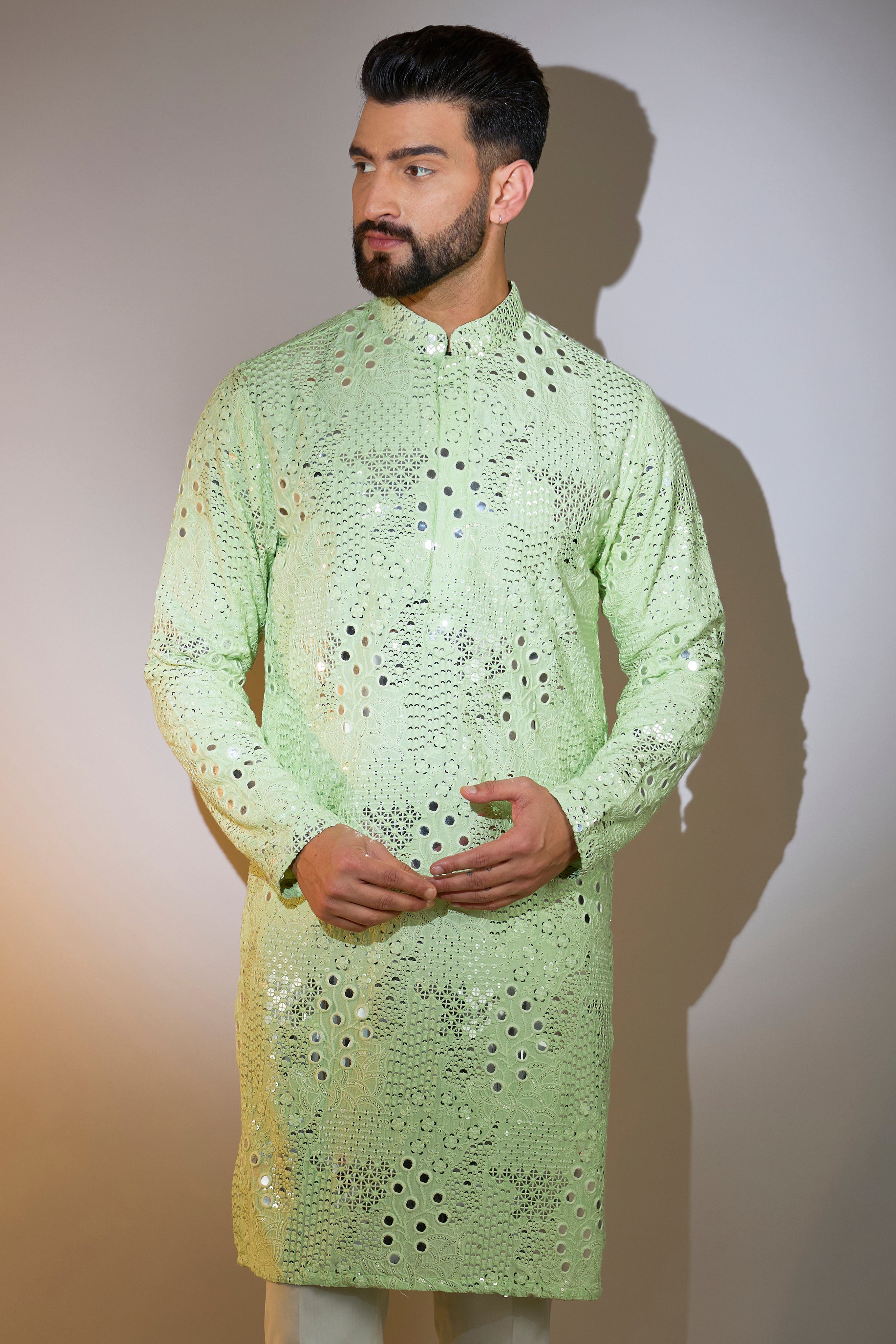 pastel green mirror work kurta