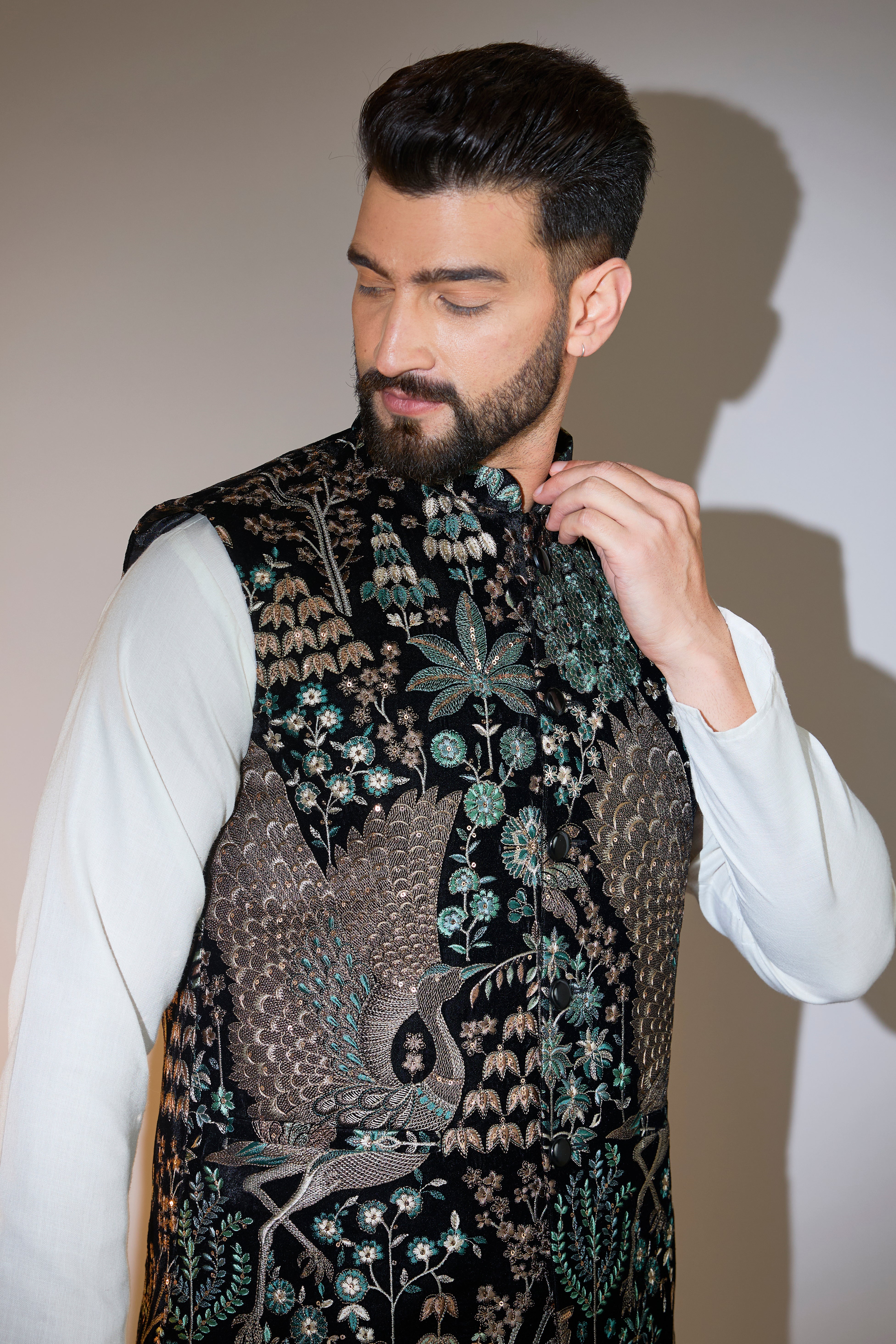 black flora and fauna short nehru jacket