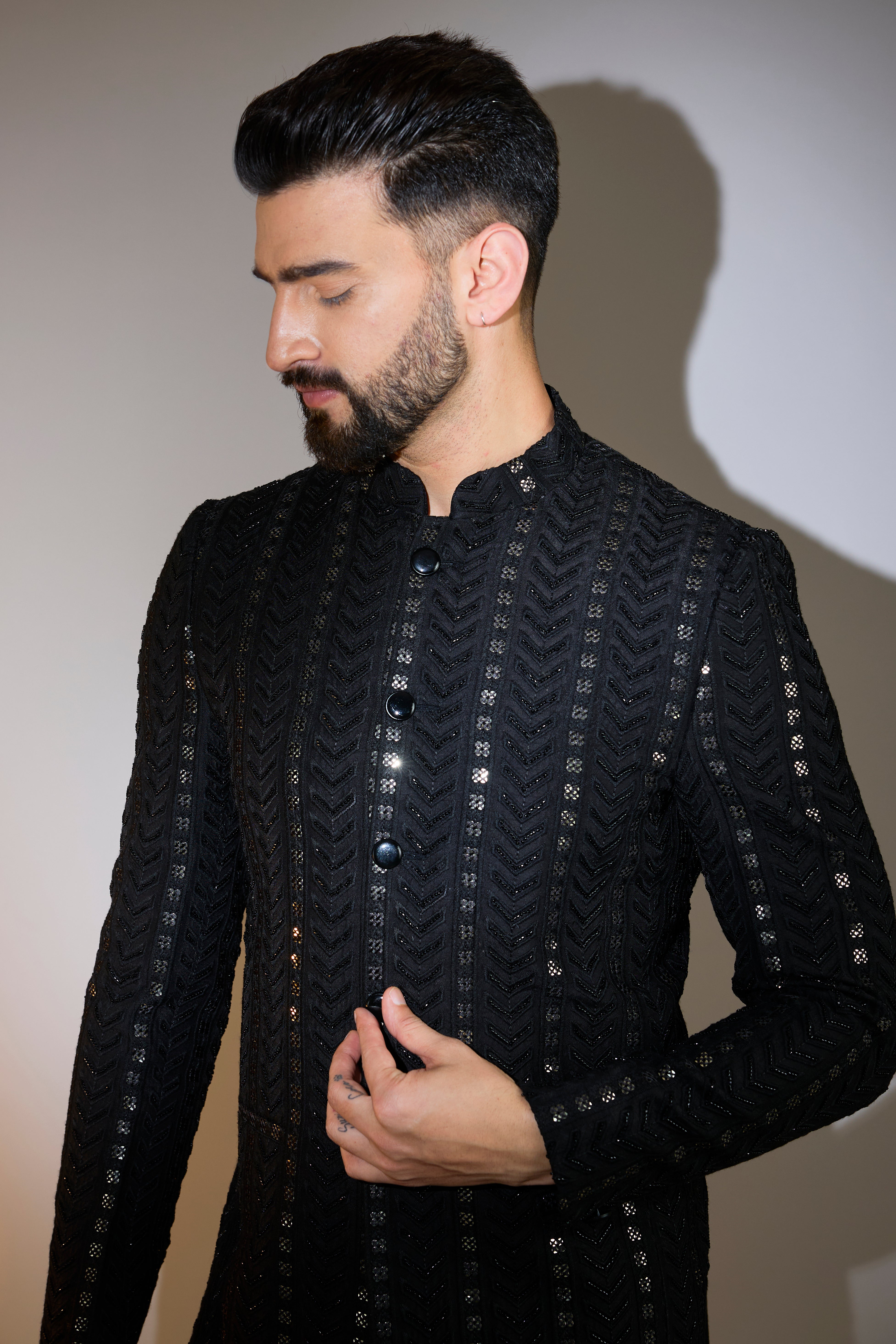 black bandgala with intricate cutdana and sequin work