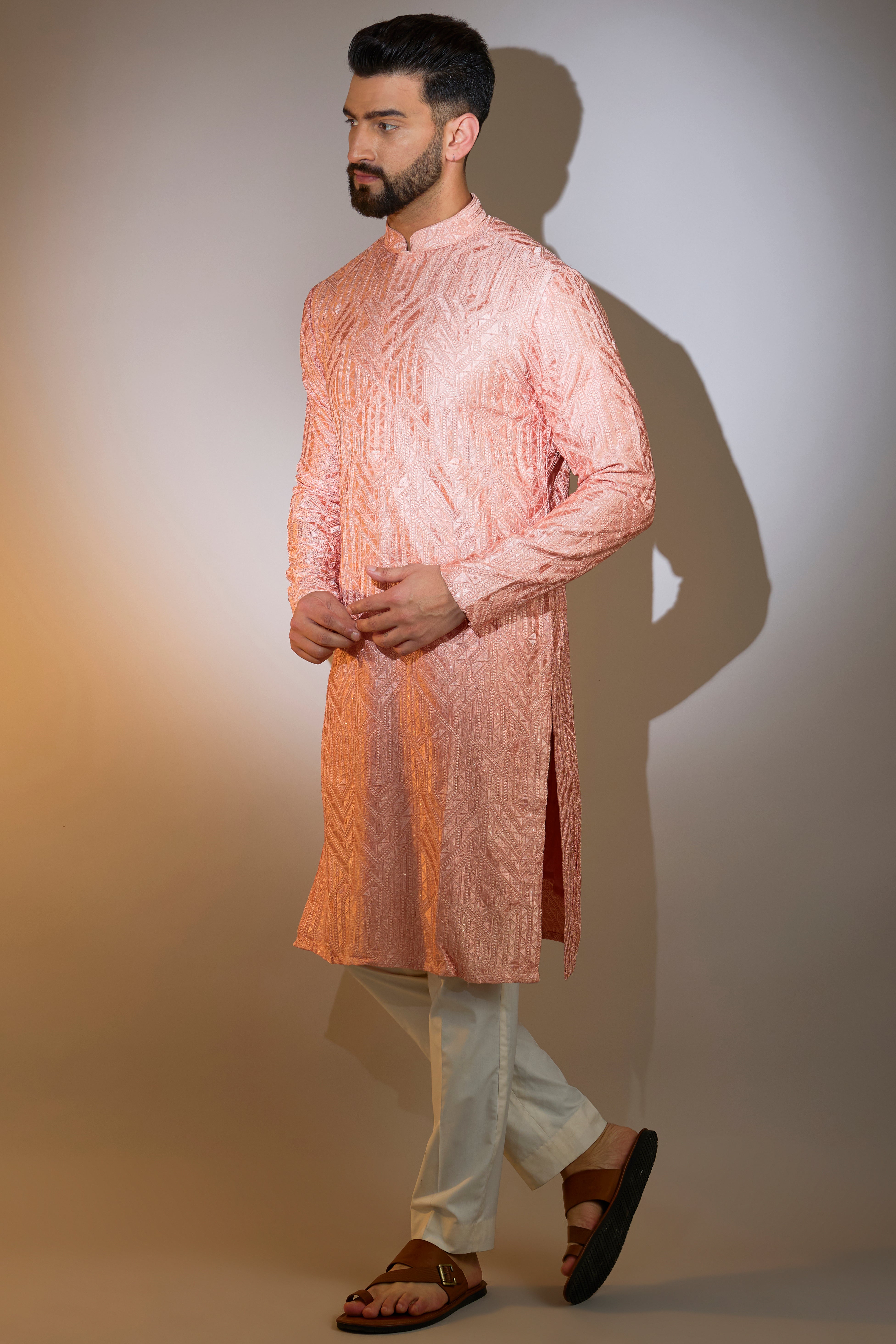 peach geometrically embrodried chikankari kurta