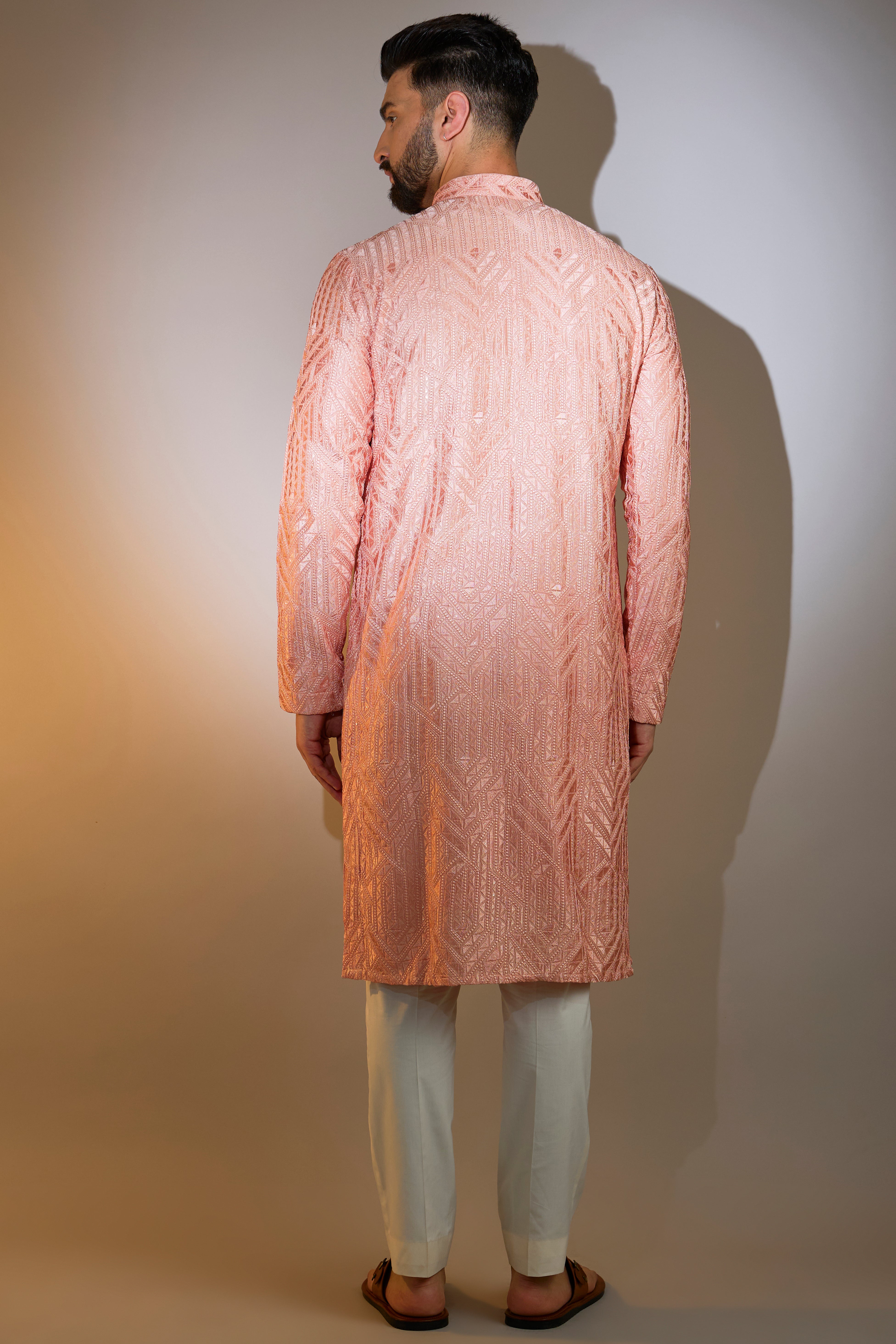 peach geometrically embrodried chikankari kurta