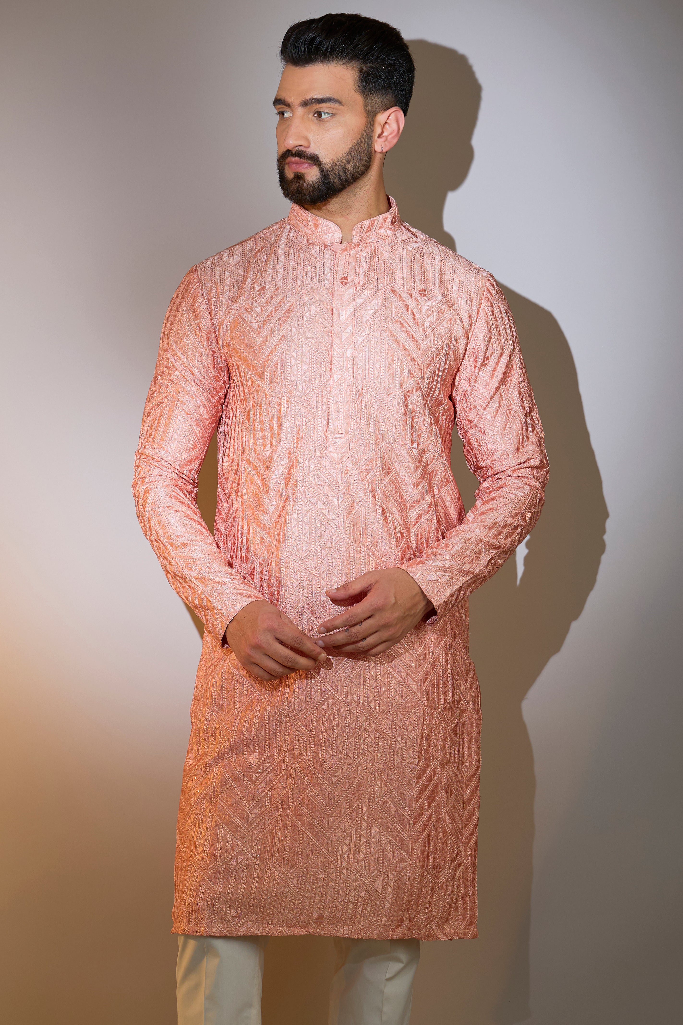 peach geometrically embrodried chikankari kurta