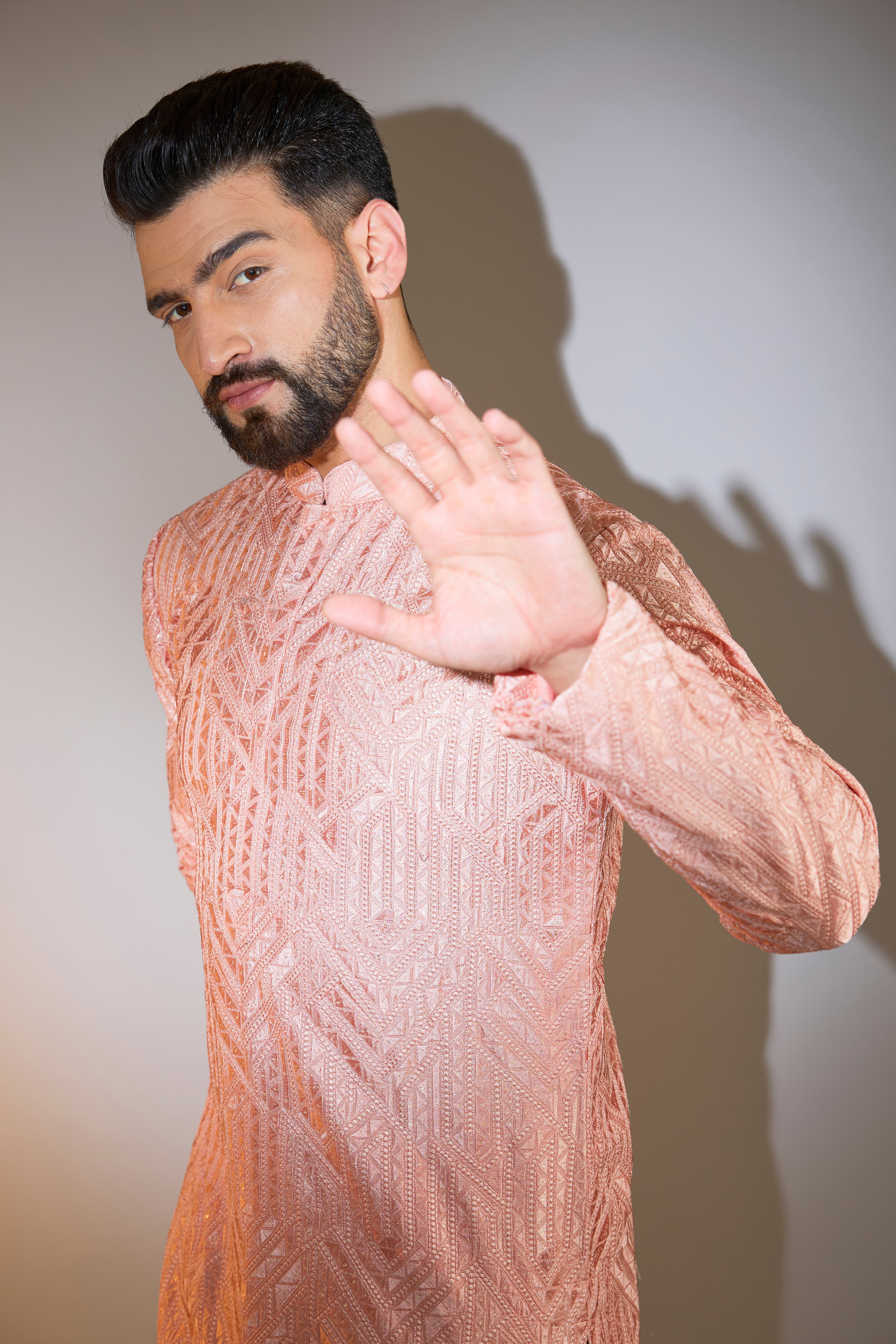 peach geometrically embrodried chikankari kurta
