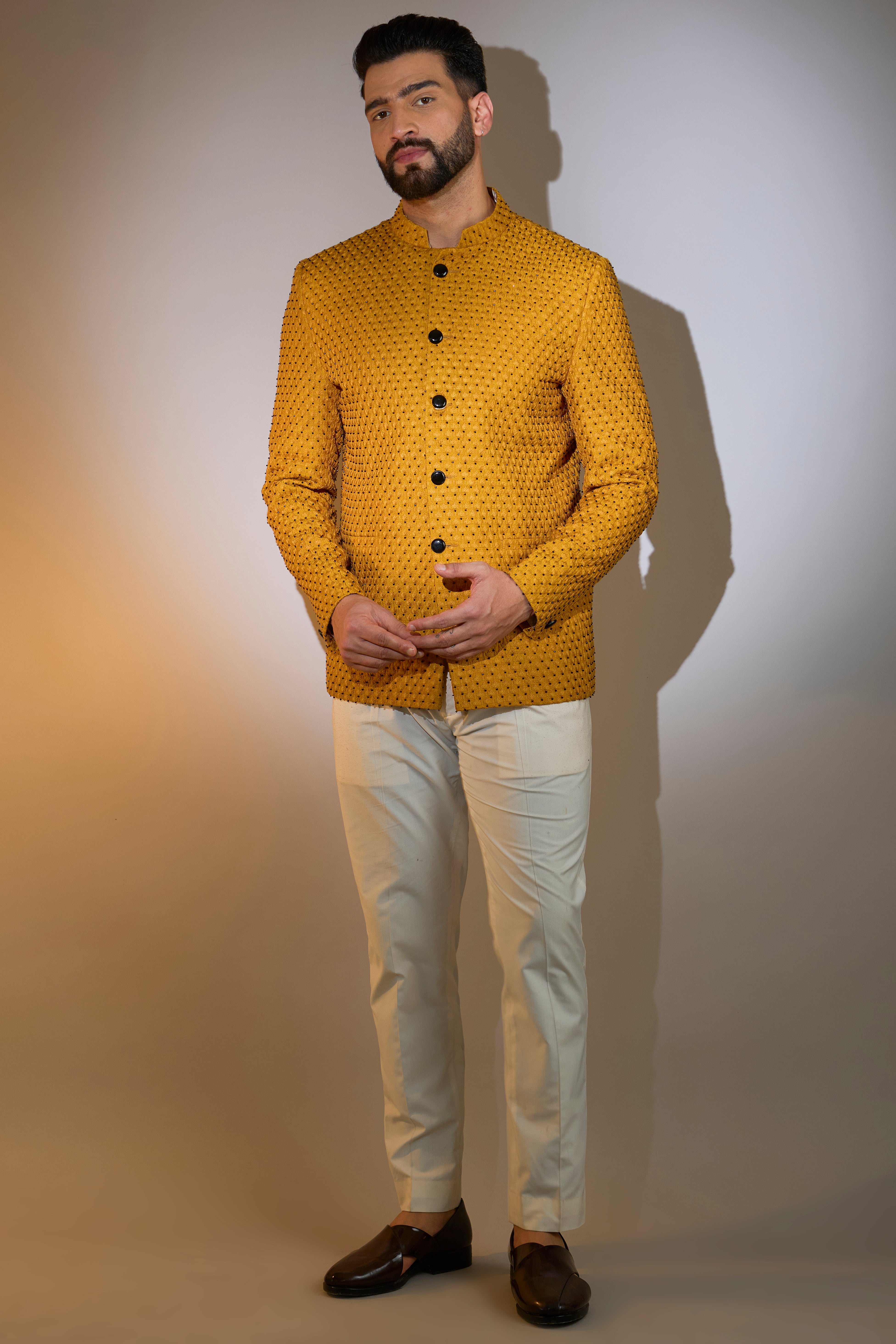 mustard bandgala with intricate cut dana embroidery