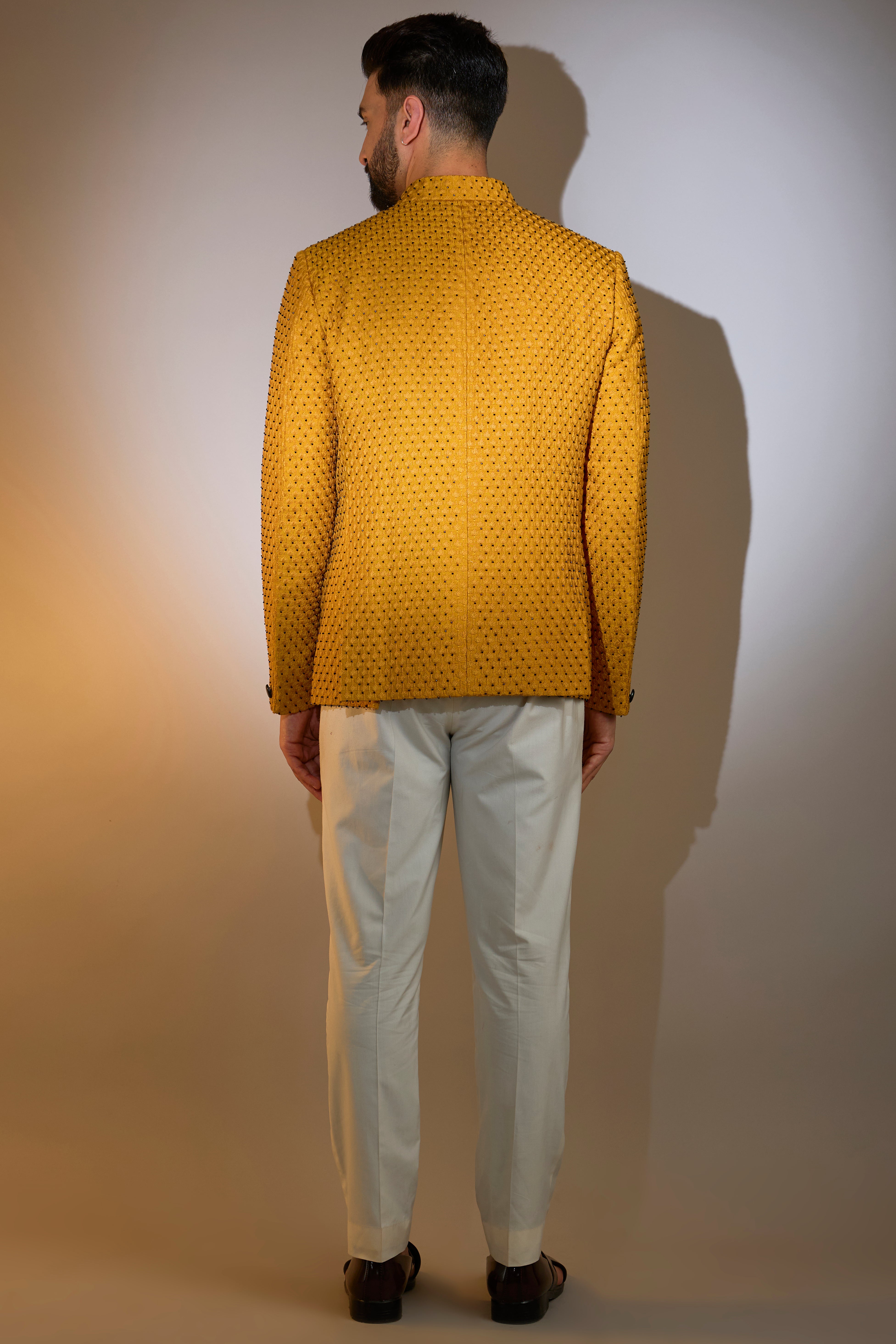 mustard bandgala with intricate cut dana embroidery