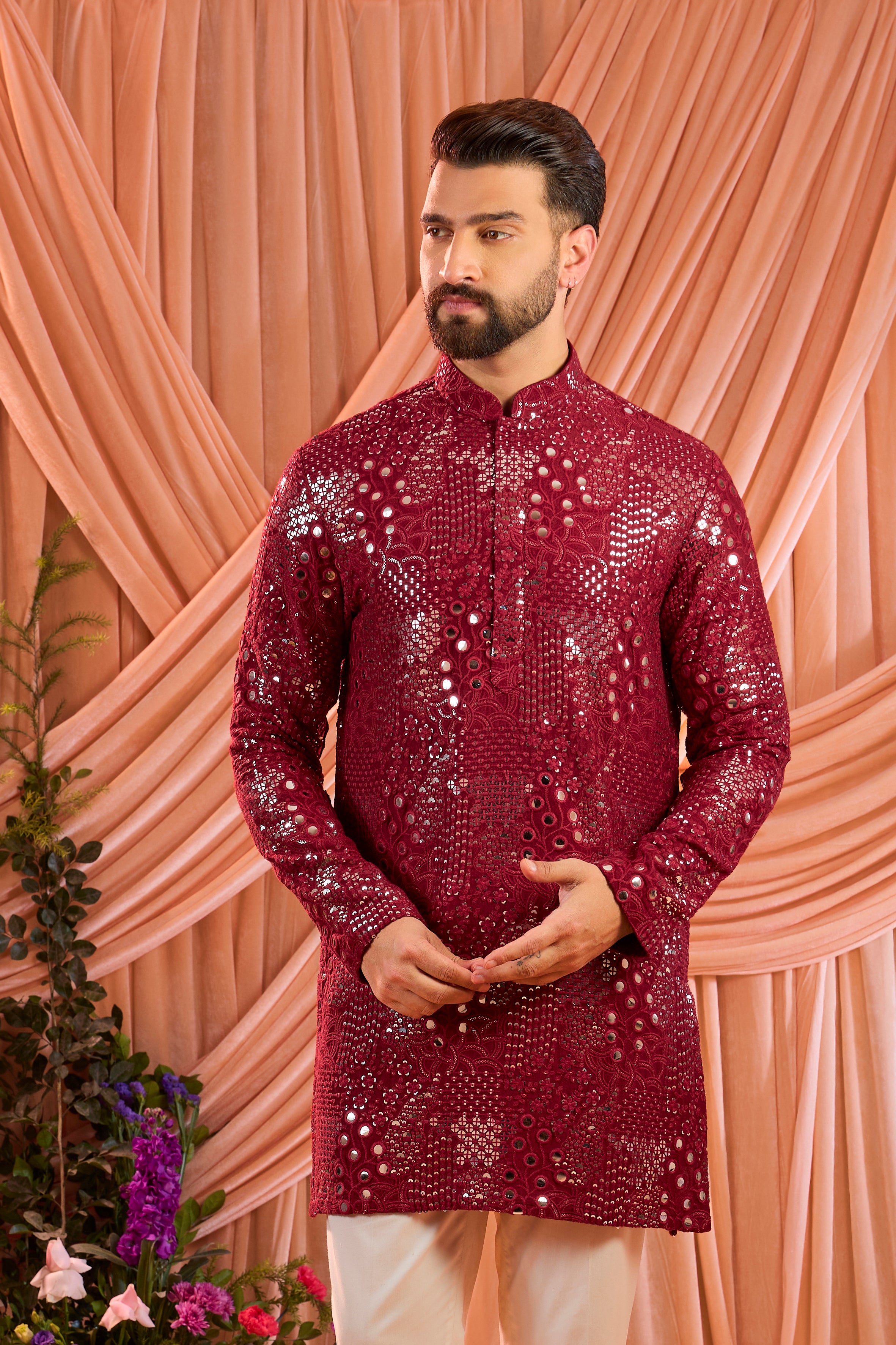 Signature maroon short mirror work kurta
