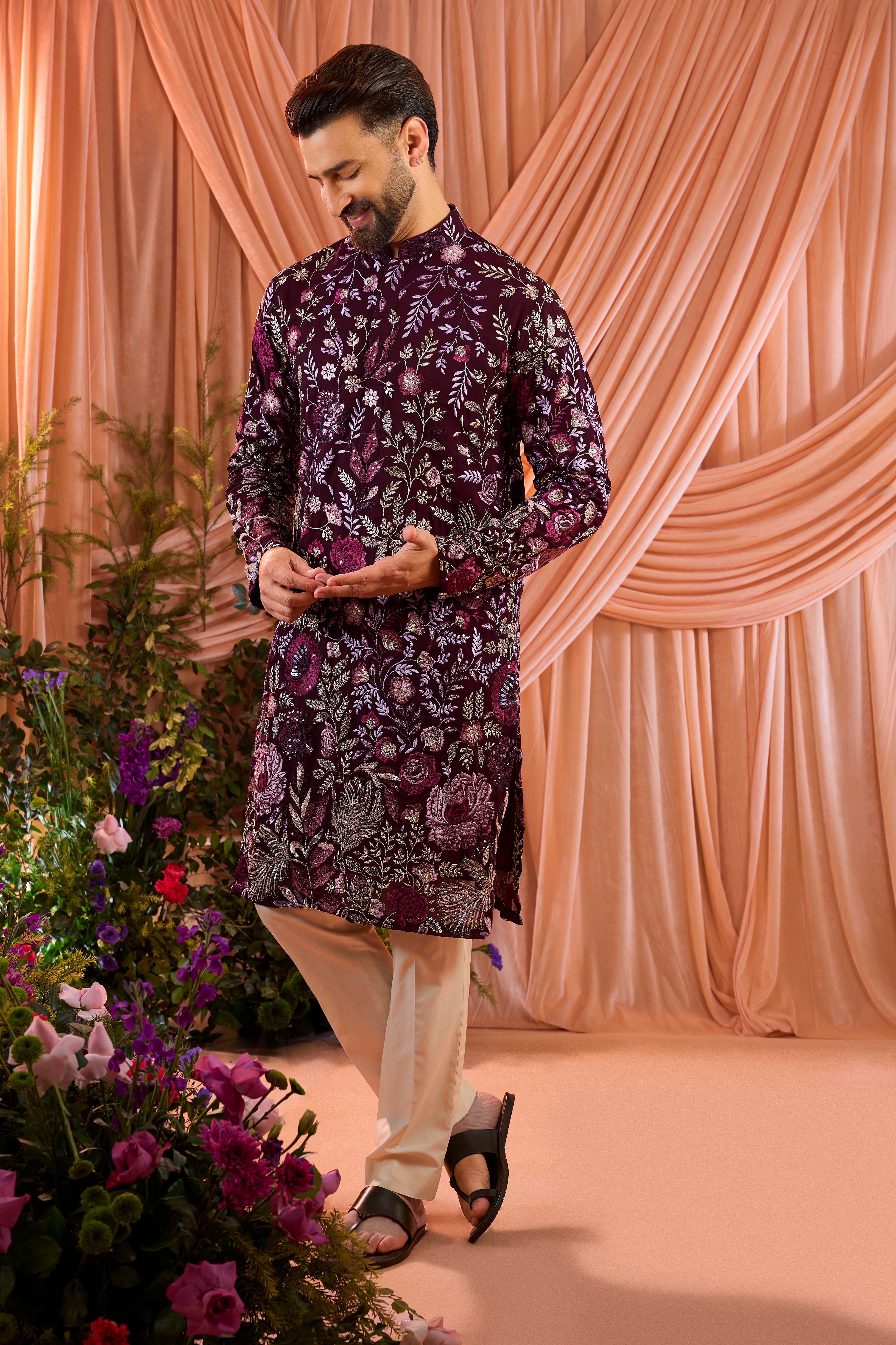 Wine floral kurta with intricate multi thread work and sequin
