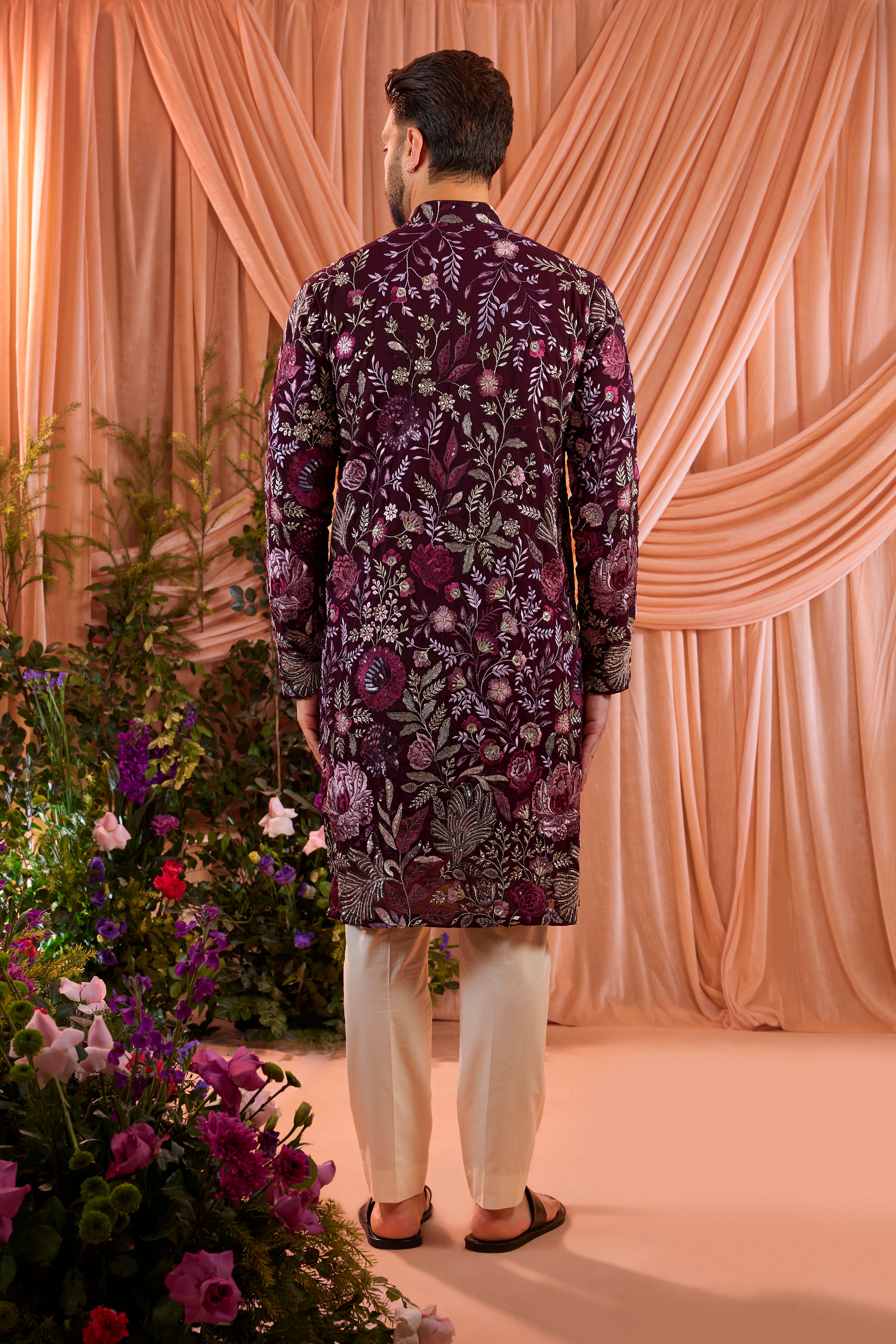 Wine floral kurta with intricate multi thread work and sequin