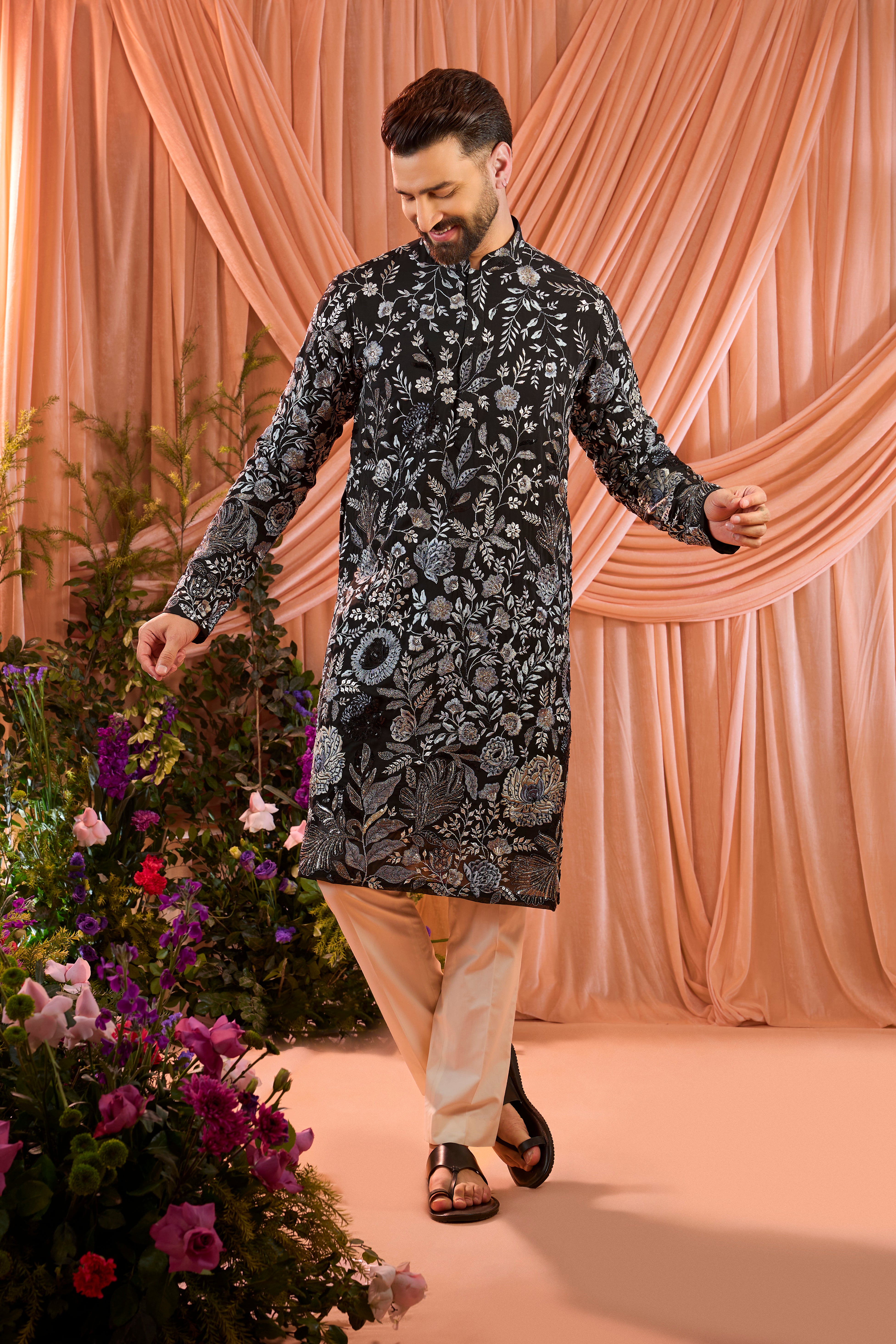 Black floral kurta with intricate multi thread work and sequin