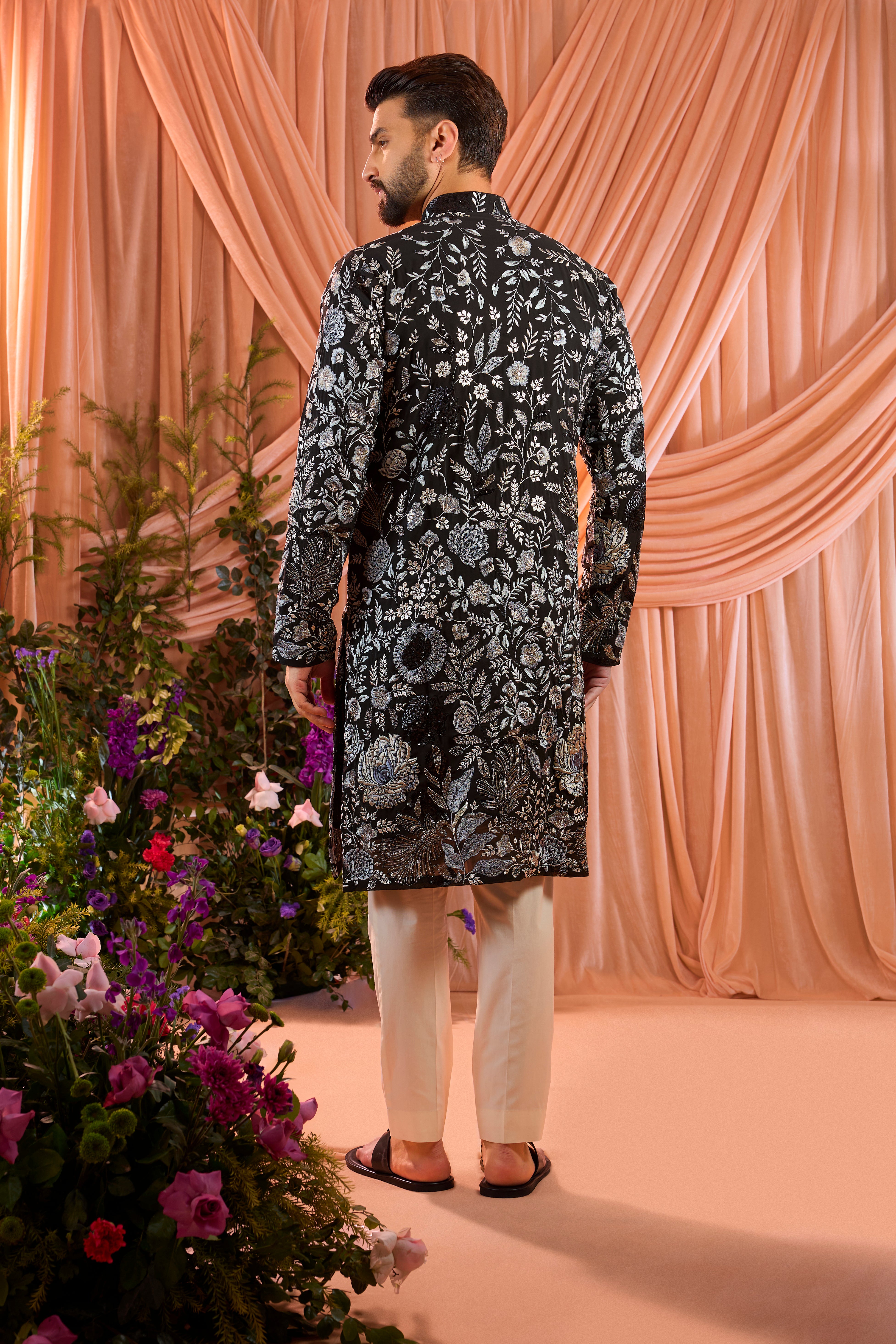 Black floral kurta with intricate multi thread work and sequin