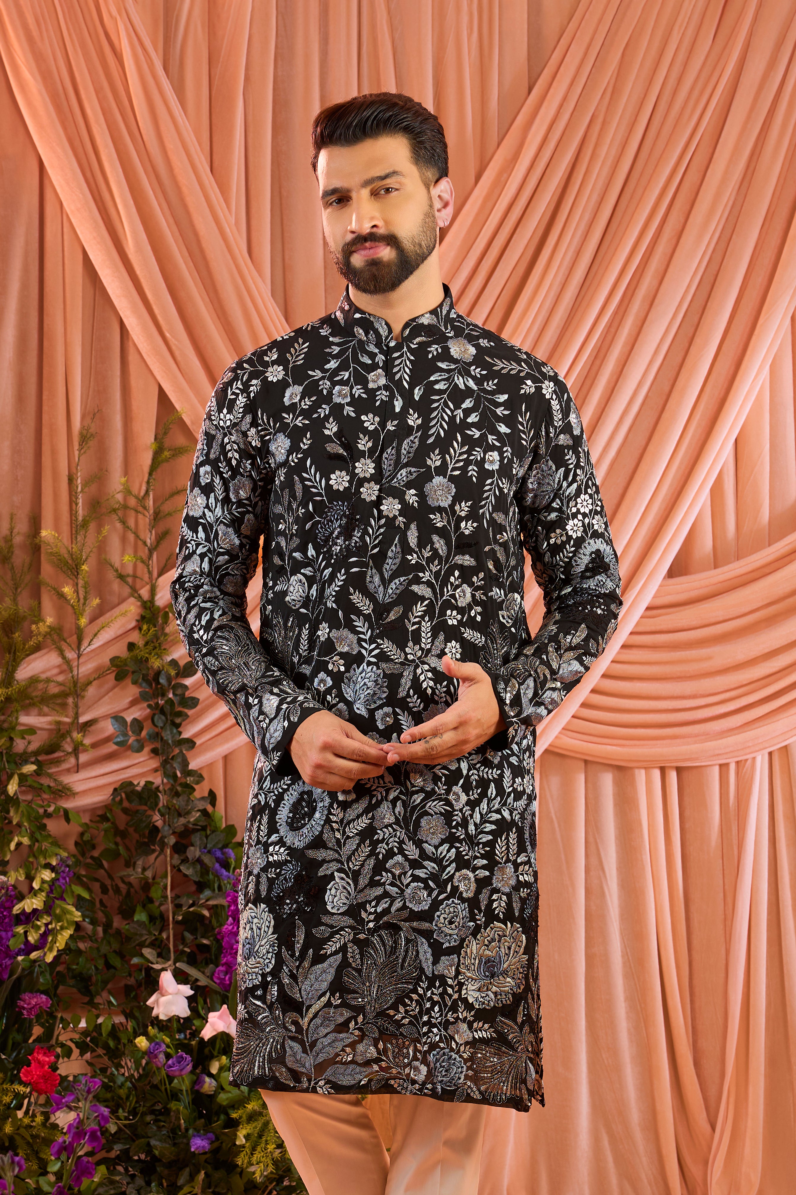 Black floral kurta with intricate multi thread work and sequin